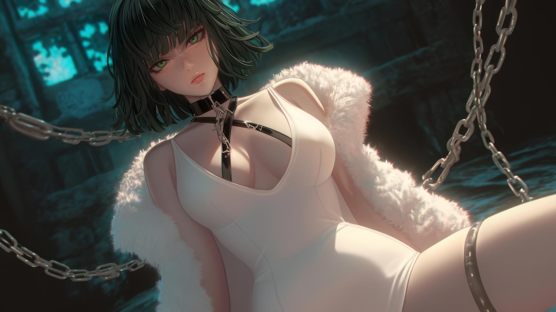 Fubuki from One Punch Man kneeling, looking down, chained, neon-lit hotel ceiling