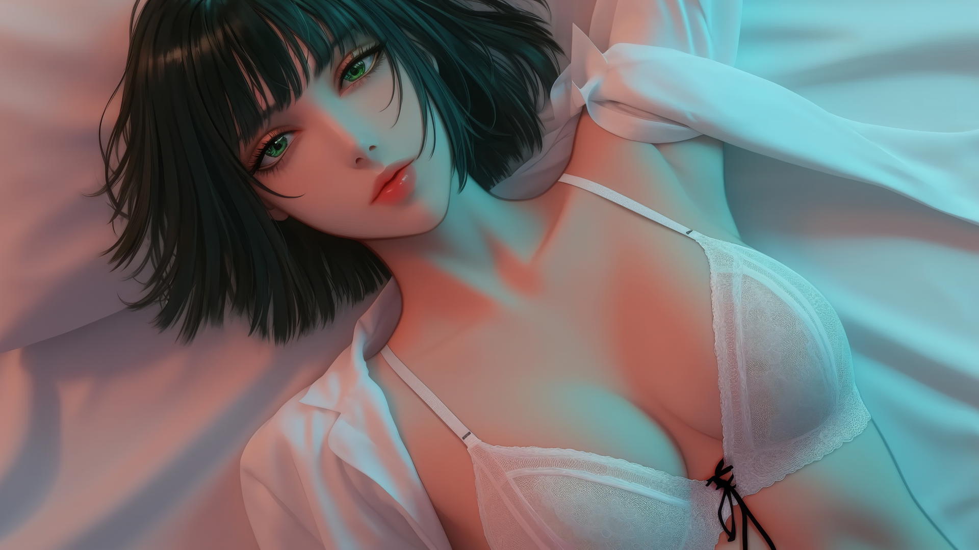 Fubuki from One Punch Man, upside down, dark green bob-cut hair, neon-lit modern room.
