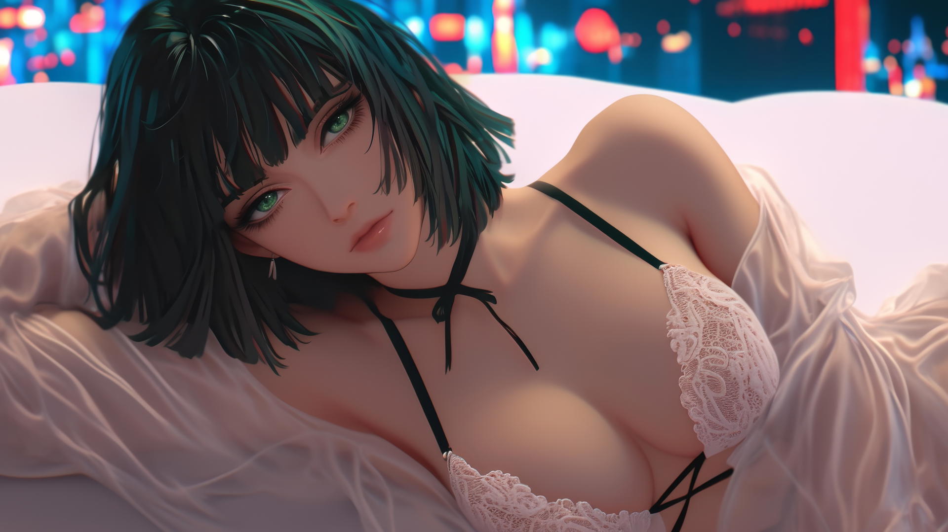 Fubuki from One Punch Man upside down in a modern hotel room with neon light.