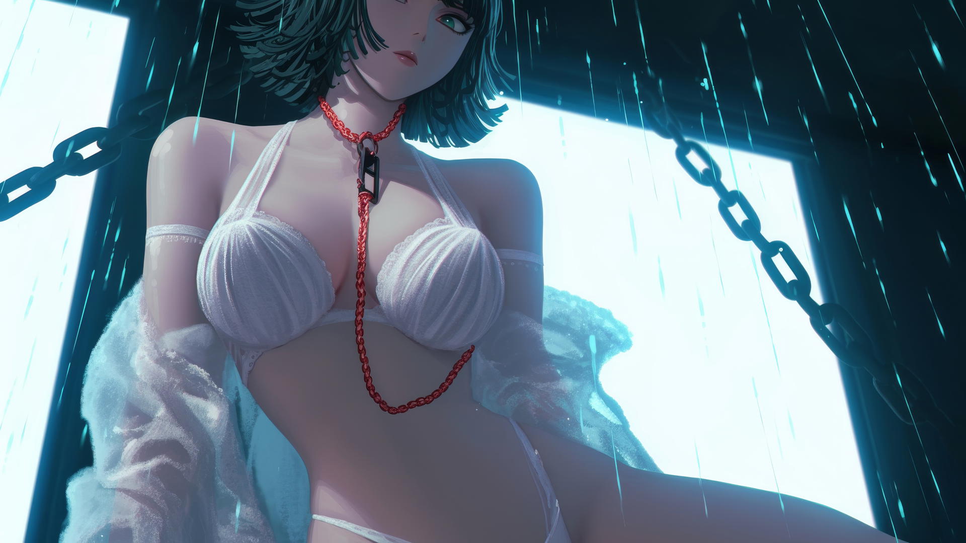 Fubuki from One Punch Man kneeling, locked with chains, neon-lit background
