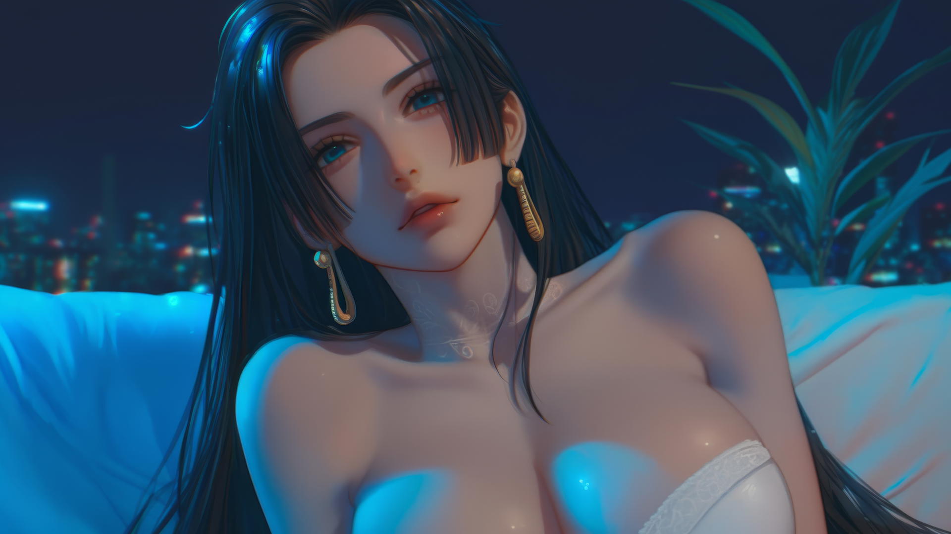Boa Hancock from One Piece resting in a modern hotel room under moonlight.