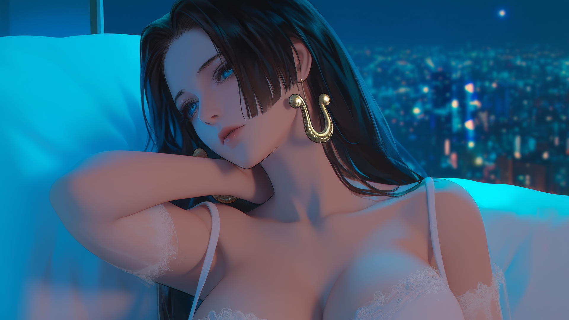 Boa Hancock from One Piece relaxing in a modern hotel room, illuminated by moonlight.