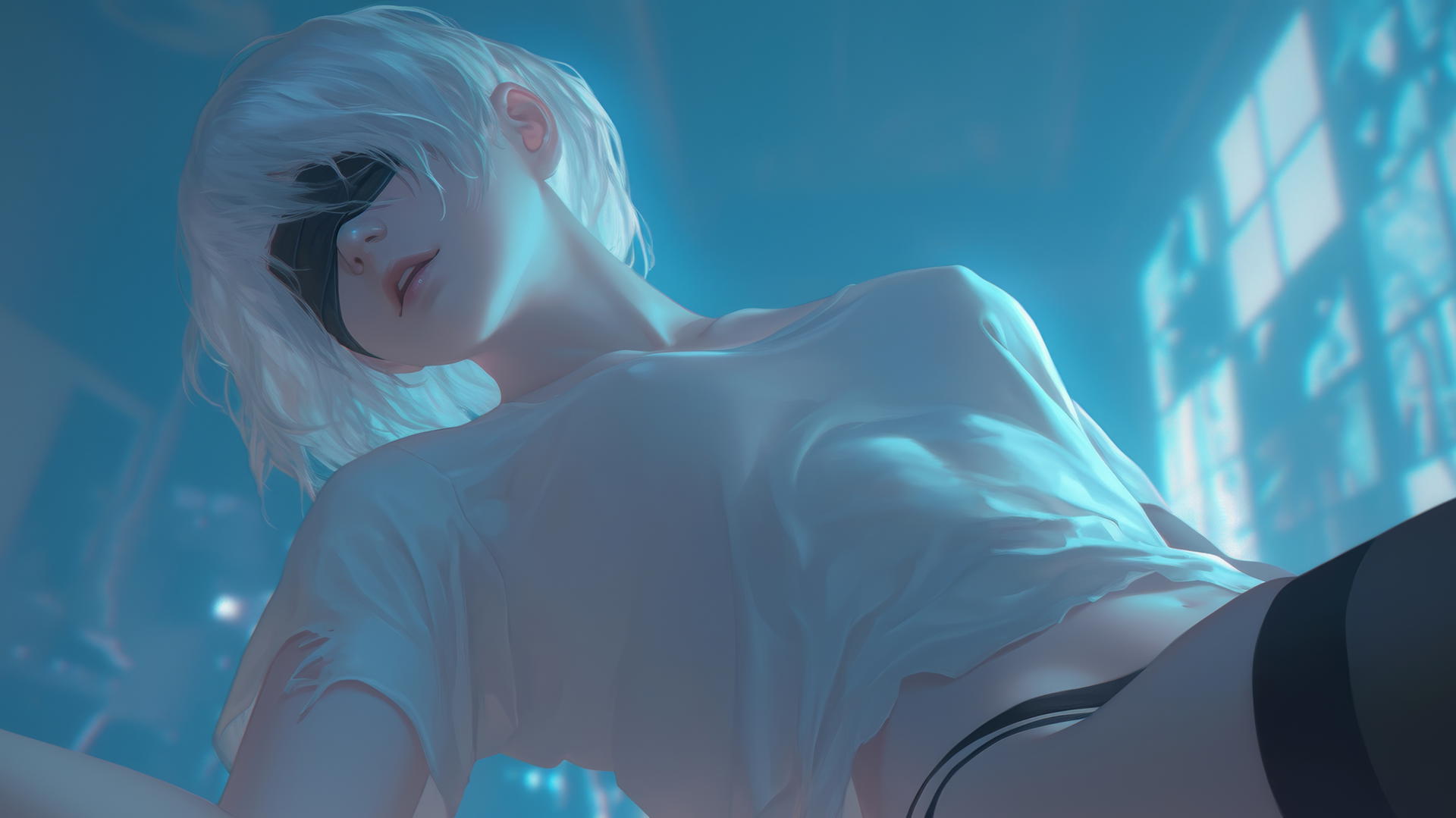 2B from Nier wearing broken white t-shirt and blindfold, leaning down under neon-lit hotel ceiling.