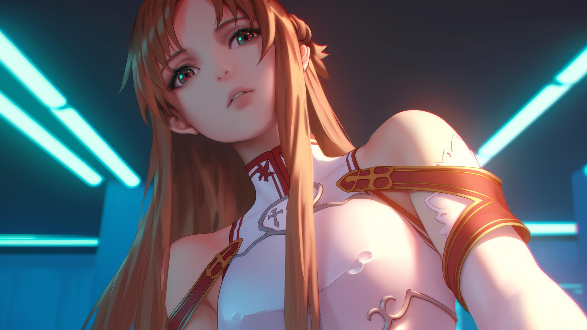 Asuna from Sword Art Online, leaning and kneeling under hotel ceiling.