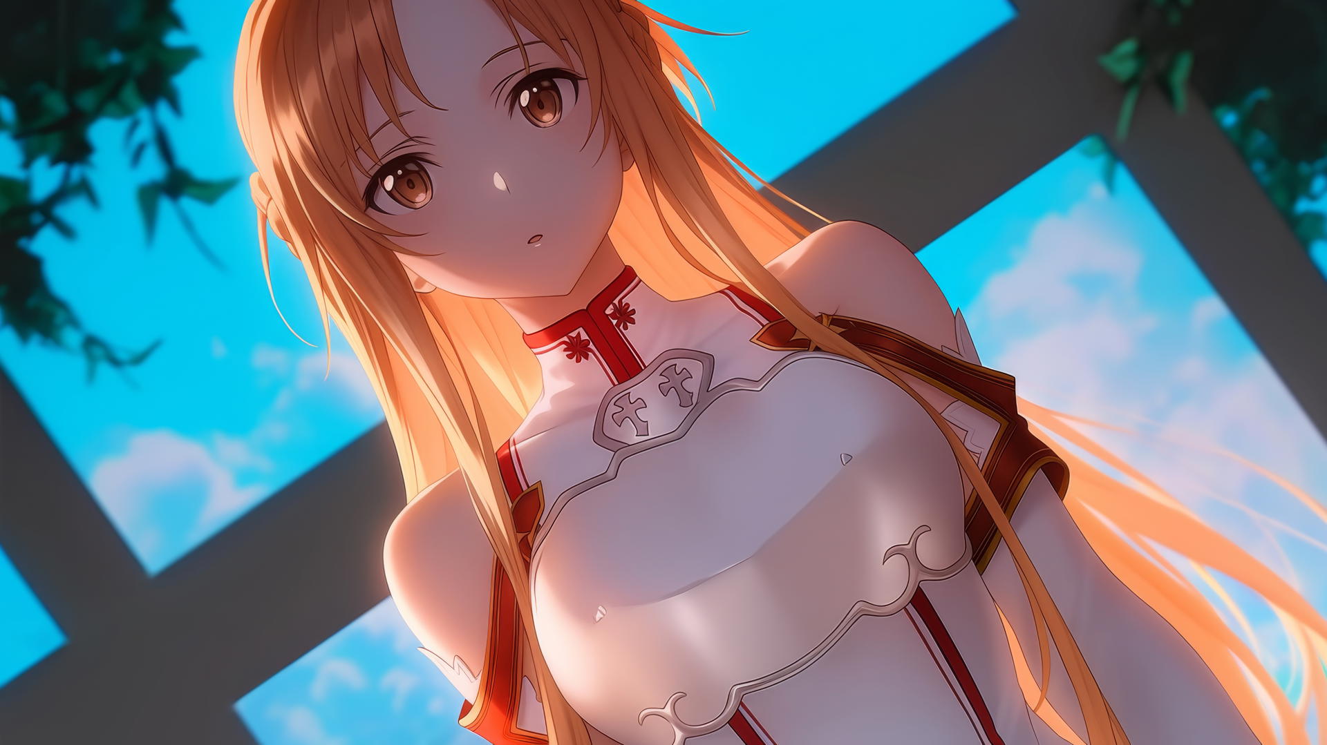 Asuna from Sword Art Online kneeling, looking down with hotel ceiling background.