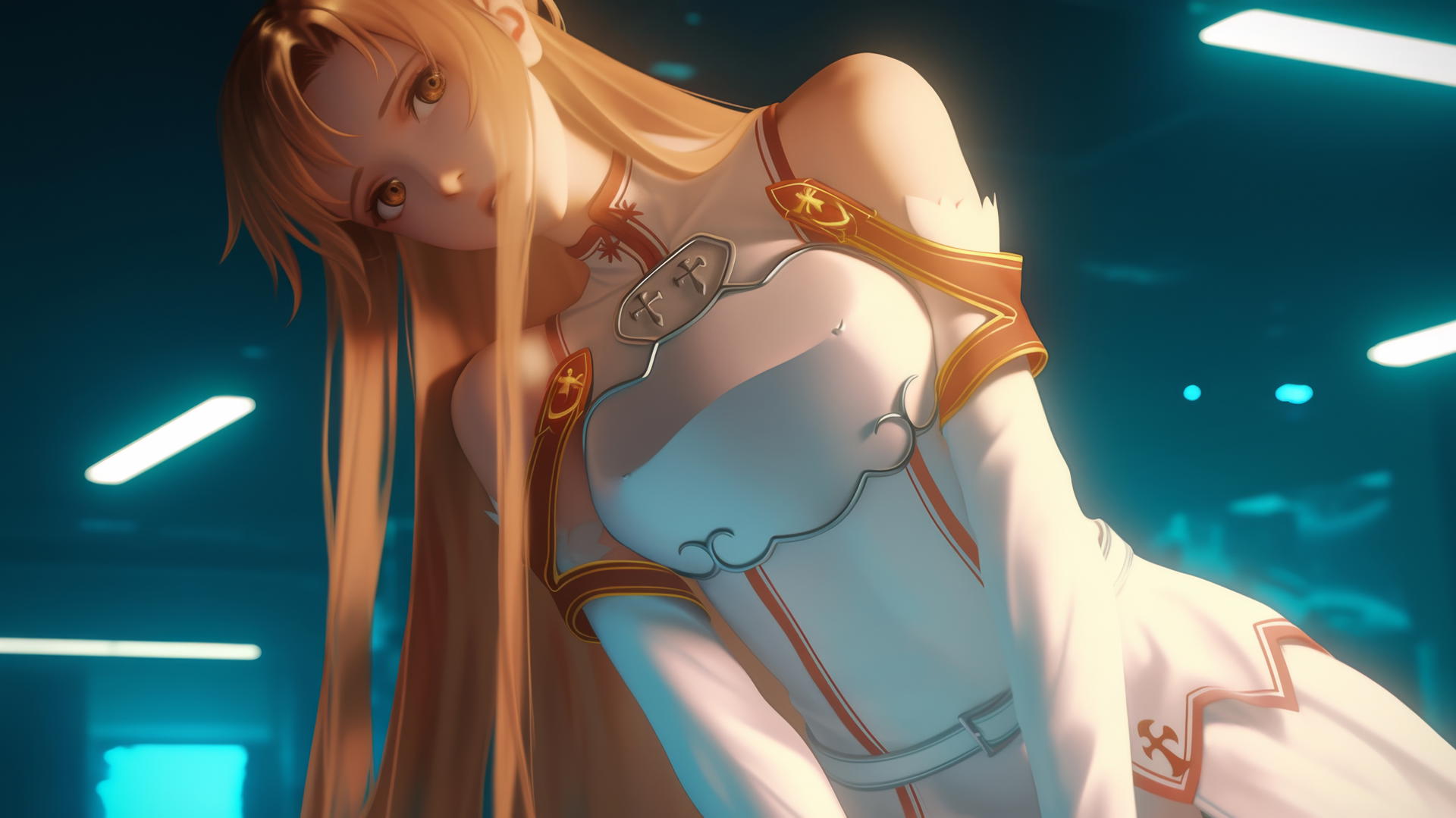Asuna from Sword Art Online kneeling, leaning forward with hotel ceiling in background, neon-lit.
