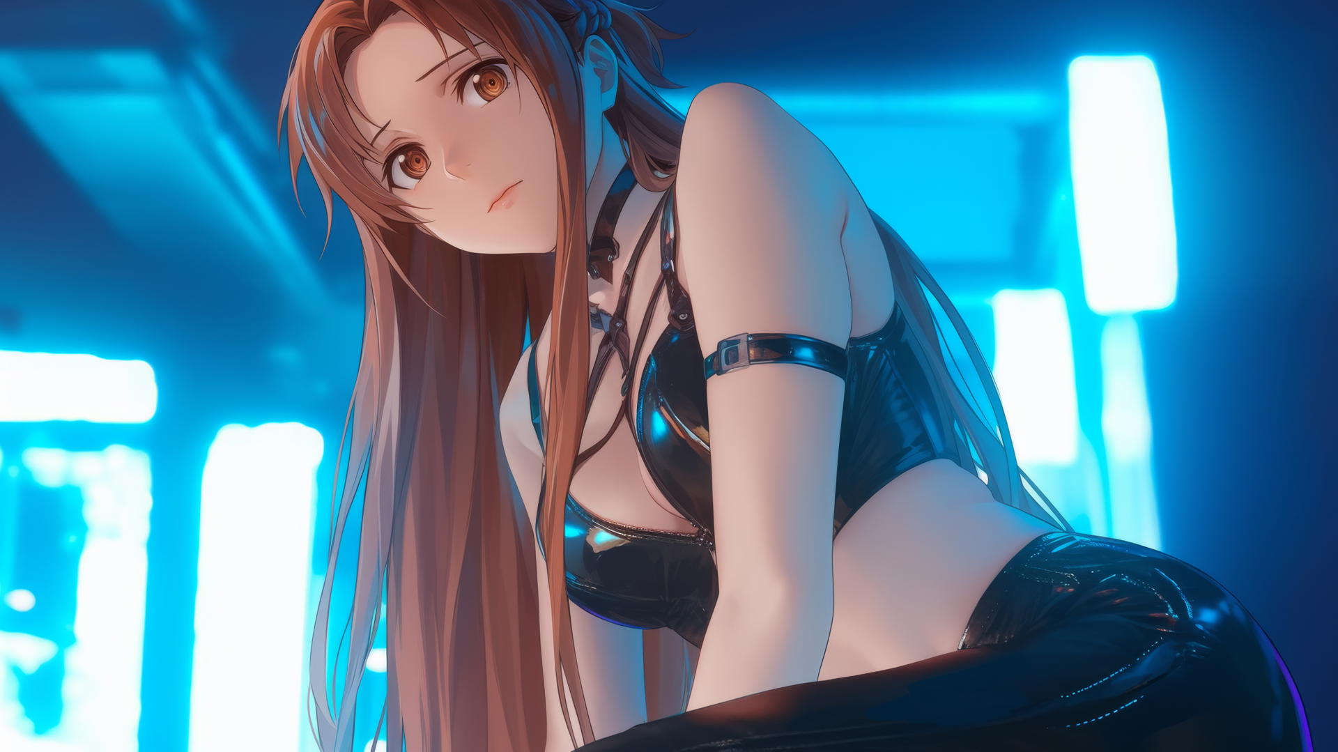 Asuna from Sword Art Online seen from below, kneeling, with neon-lit hotel ceiling behind her.