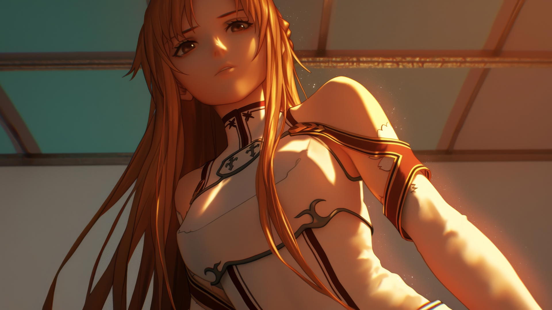 Asuna from Sword Art Online, seen from below with a hotel ceiling background, kneeling and looking straight down, illuminated by neon ceiling lights.