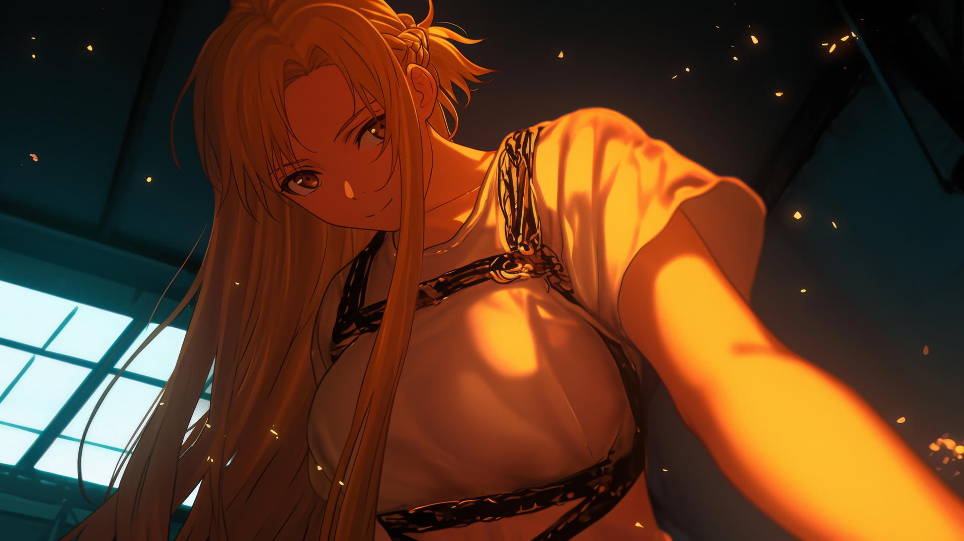 Asuna from Sword Art Online kneeling and looking down with hotel ceiling background.