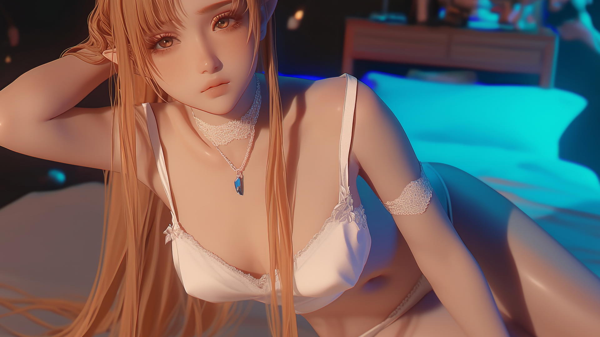 Asuna from Sword Art Online kneeling, looking up in a neon-lit hotel room.