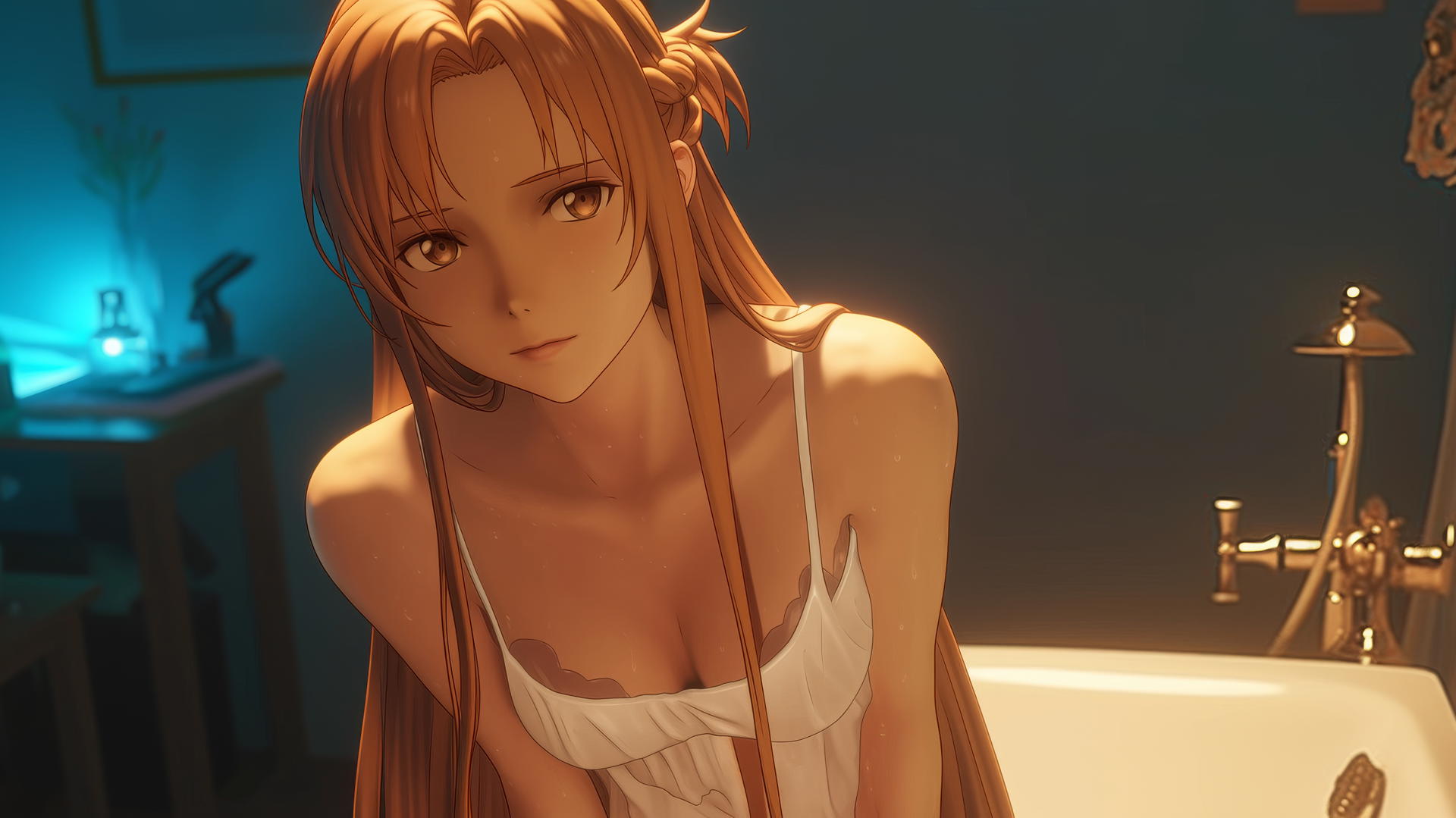 Asuna from Sword Art Online kneeling, looking up, neon light glow