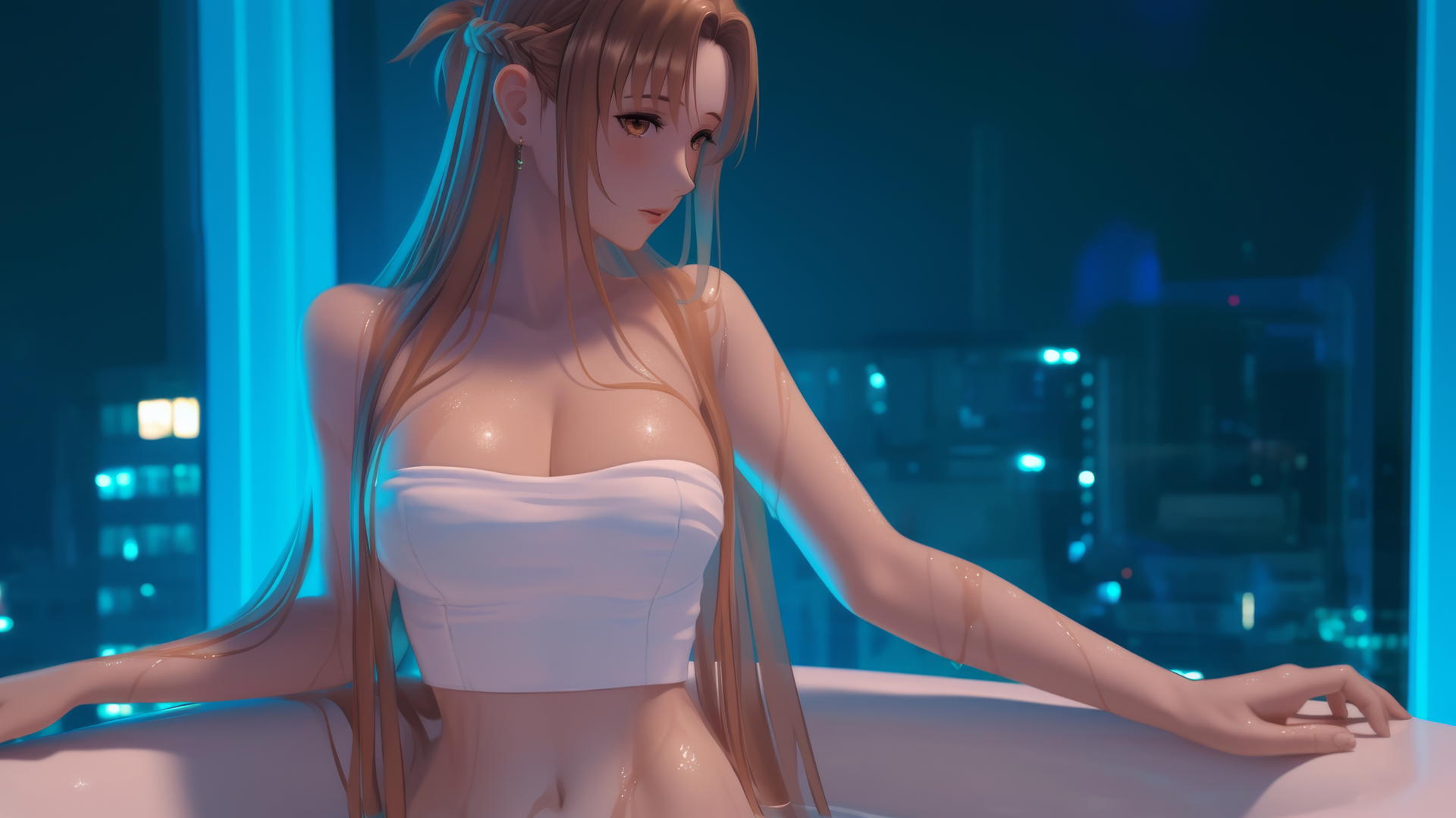 Asuna from Sword Art Online in a modern hotel room with neon light.