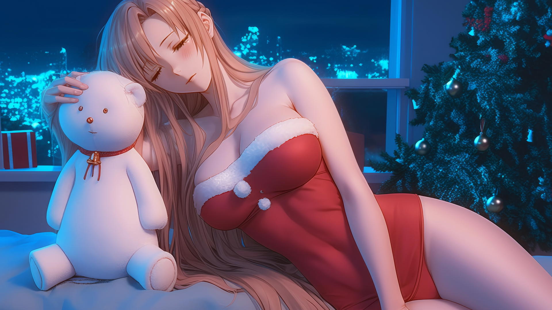 Asuna from Sword Art Online in a red Christmas outfit, resting in a modern hotel room with neon lights.