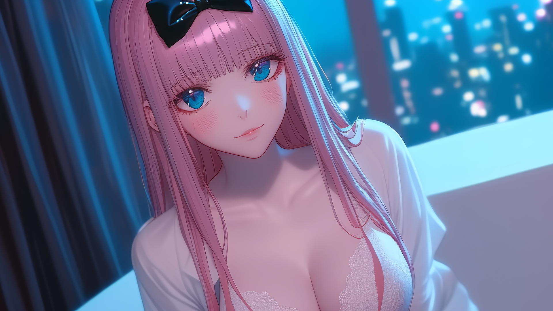 Chika Fujiwara kneeling in a modern hotel tub, looking up with blue eyes.