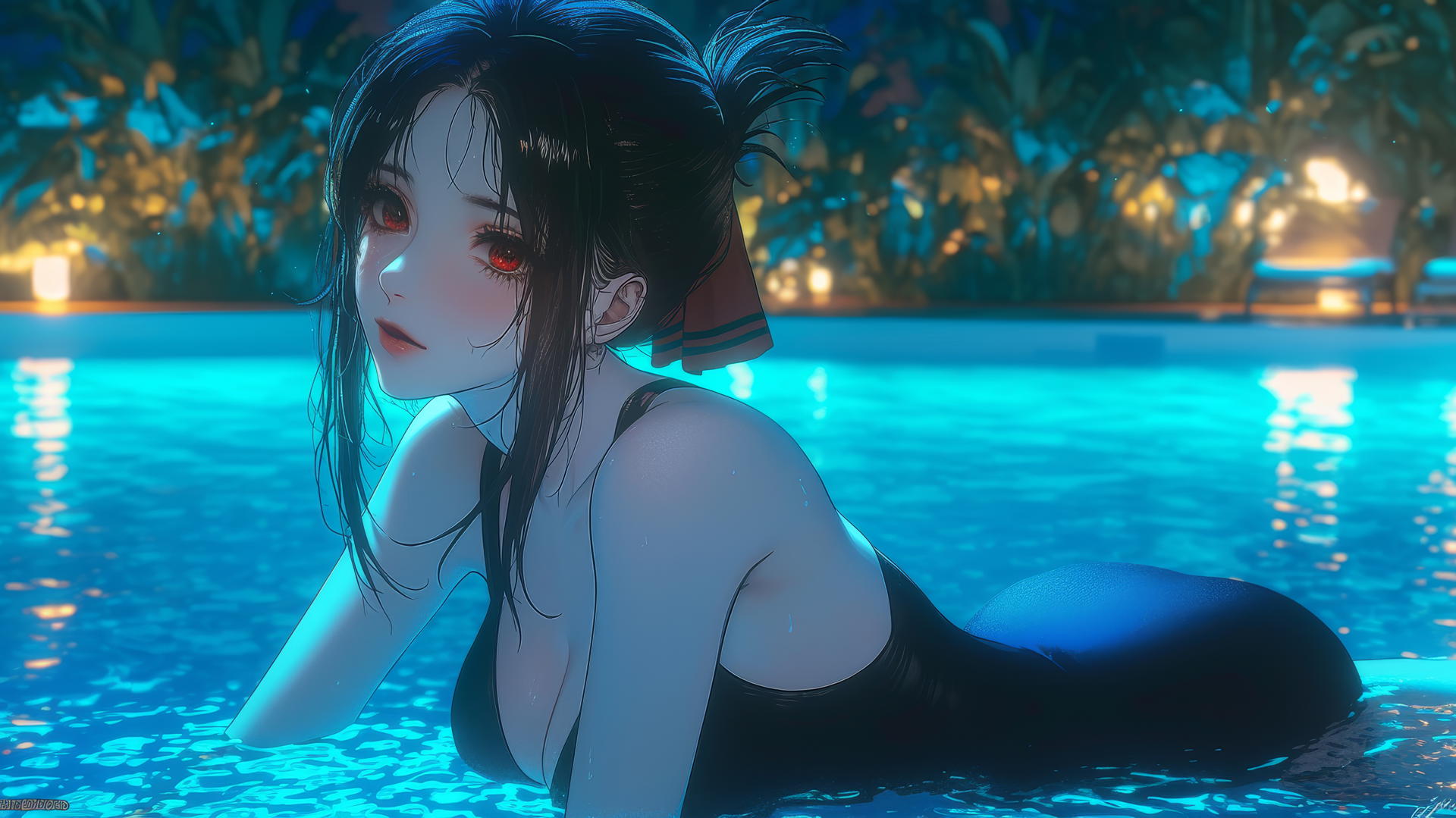 Kaguya Shinomiya with red eyes lounging by the pool under moonlight.