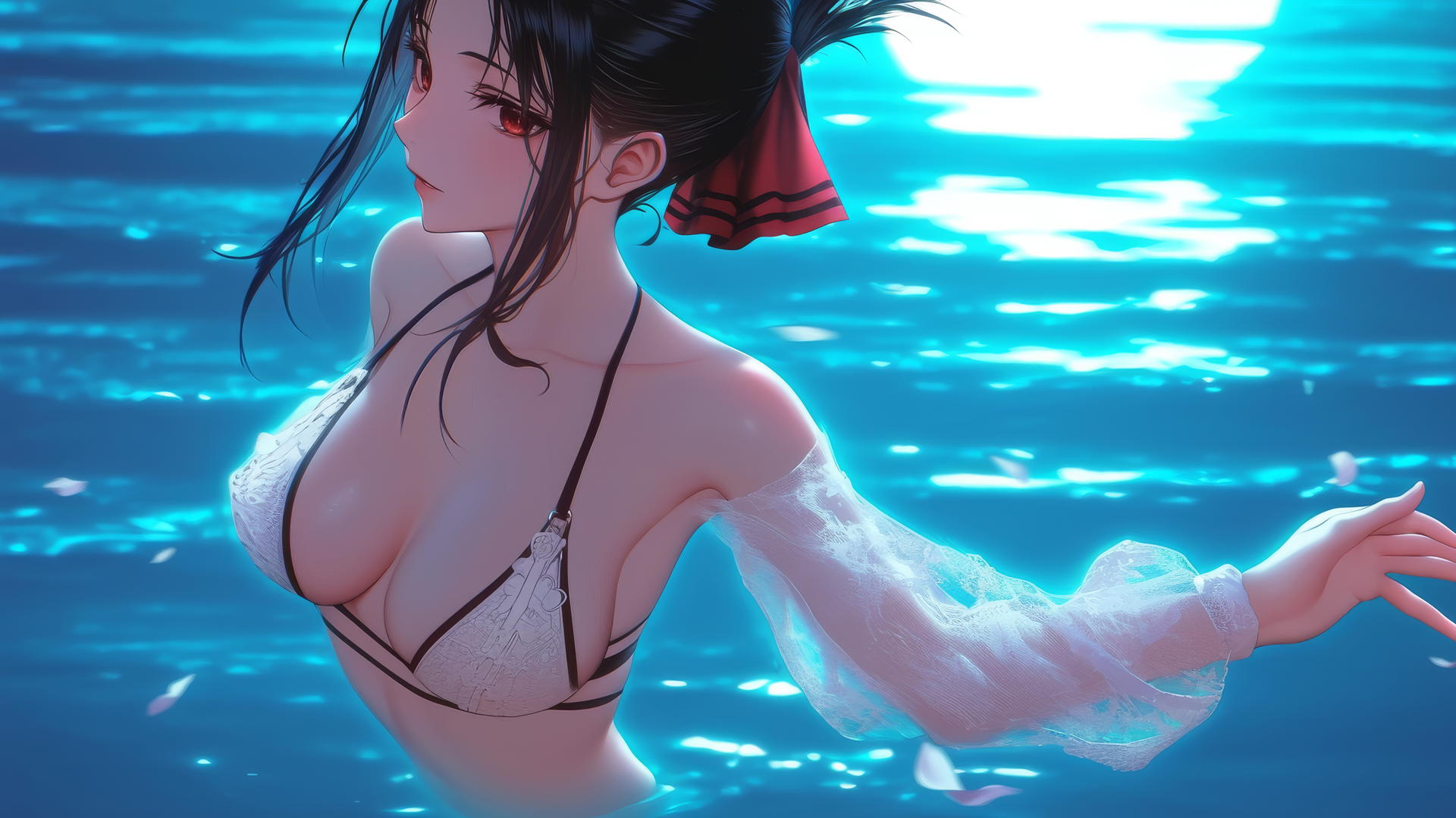 Kaguya Shinomiya with red eyes, jumping out of a swimming pool under moonlight.