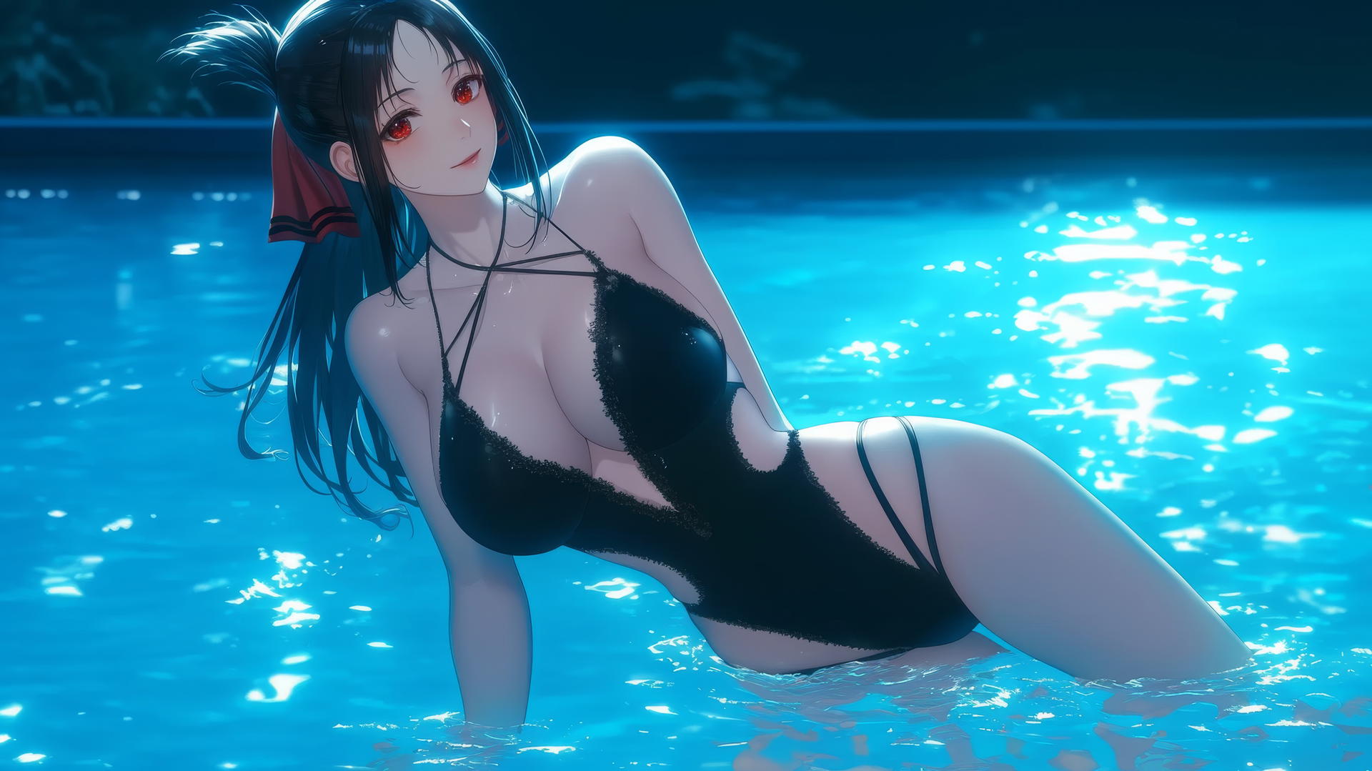 Kaguya Shinomiya with red eyes jumping out of a swimming pool under moonlight.