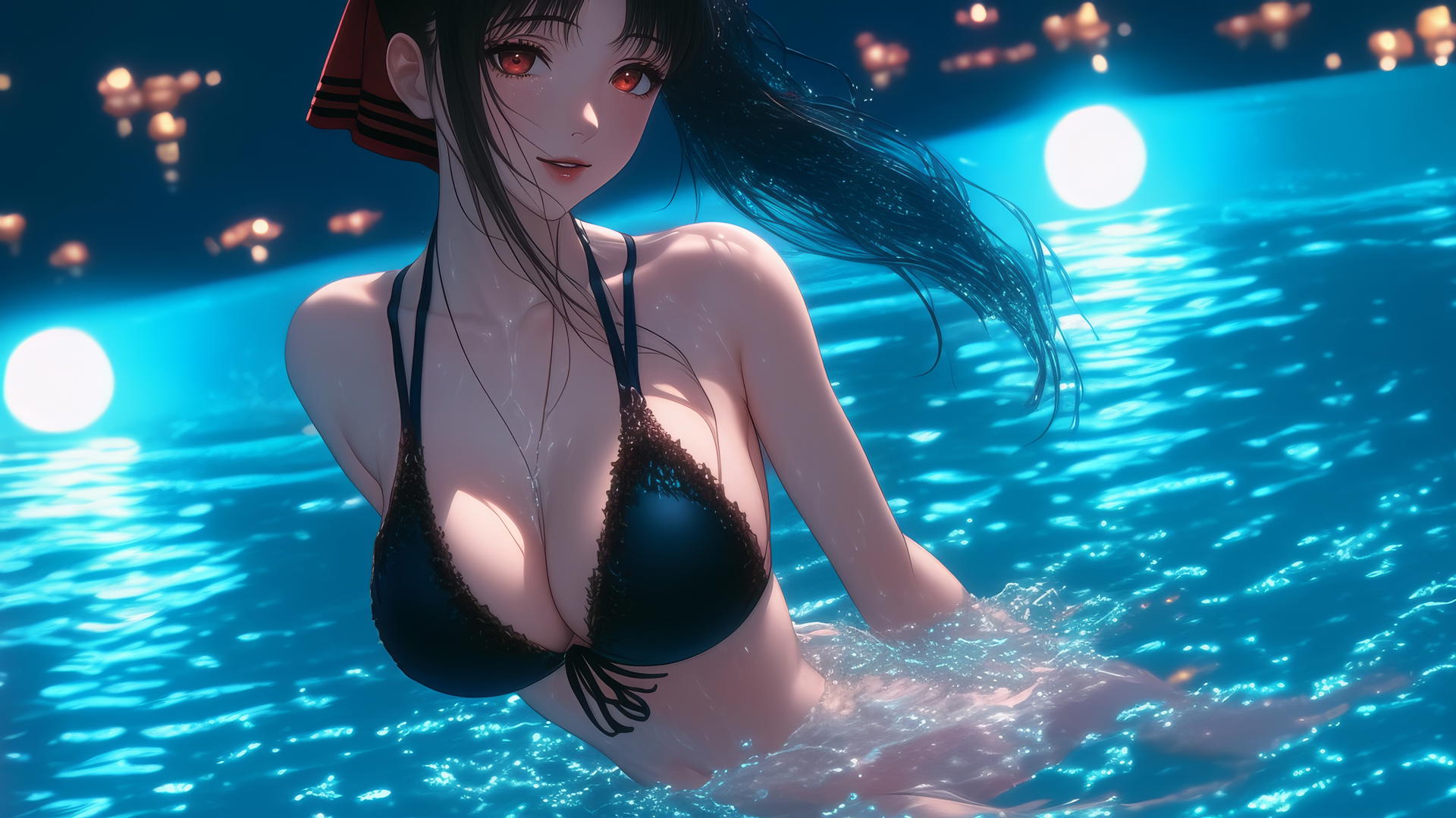 Kaguya Shinomiya from Kaguya-sama wa Kokurasetai with red eyes in a red outfit, jumping out of a swimming pool under moonlight
