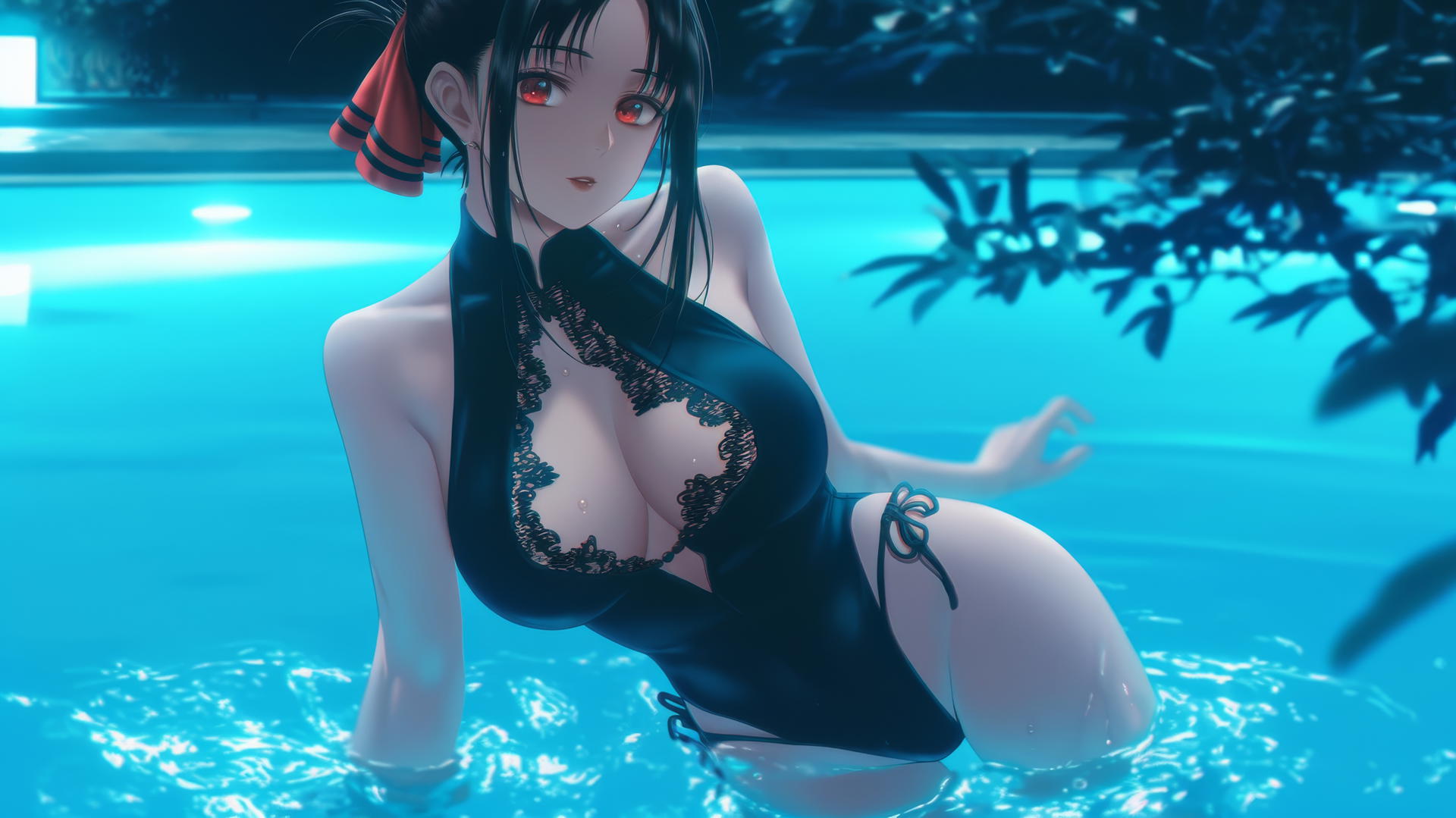Kaguya Shinomiya with red eyes and red outfit, jumping out of a swimming pool under moonlight