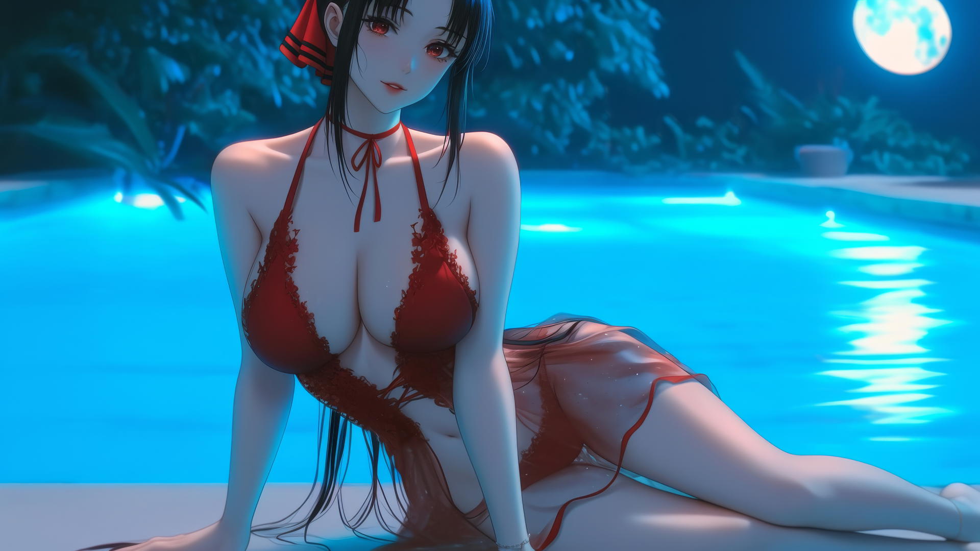 Kaguya Shinomiya with red eyes, wearing red, resting by a pool in moonlight