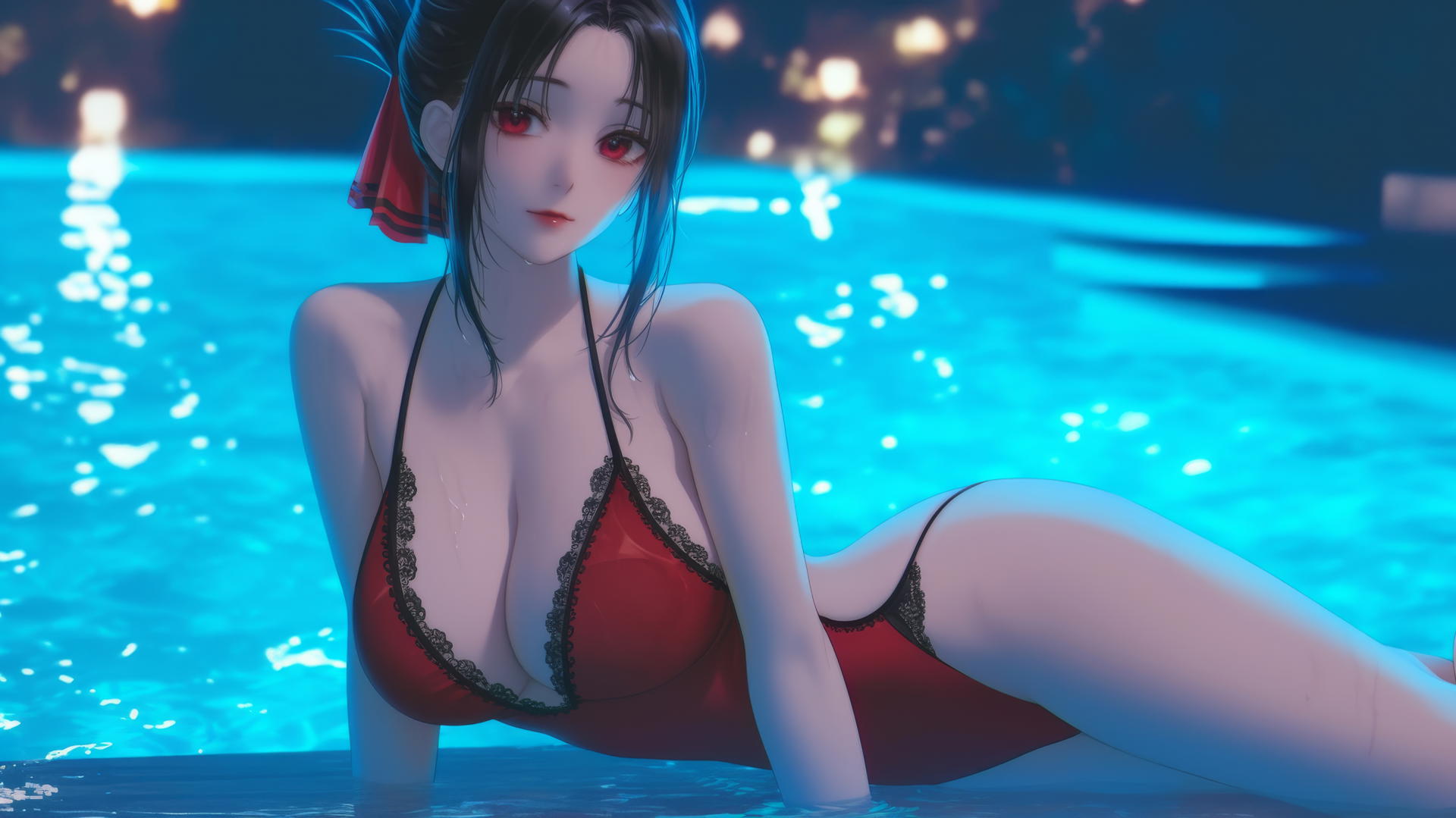 Kaguya Shinomiya with red eyes, wearing red, resting by a swimming pool under moonlight.