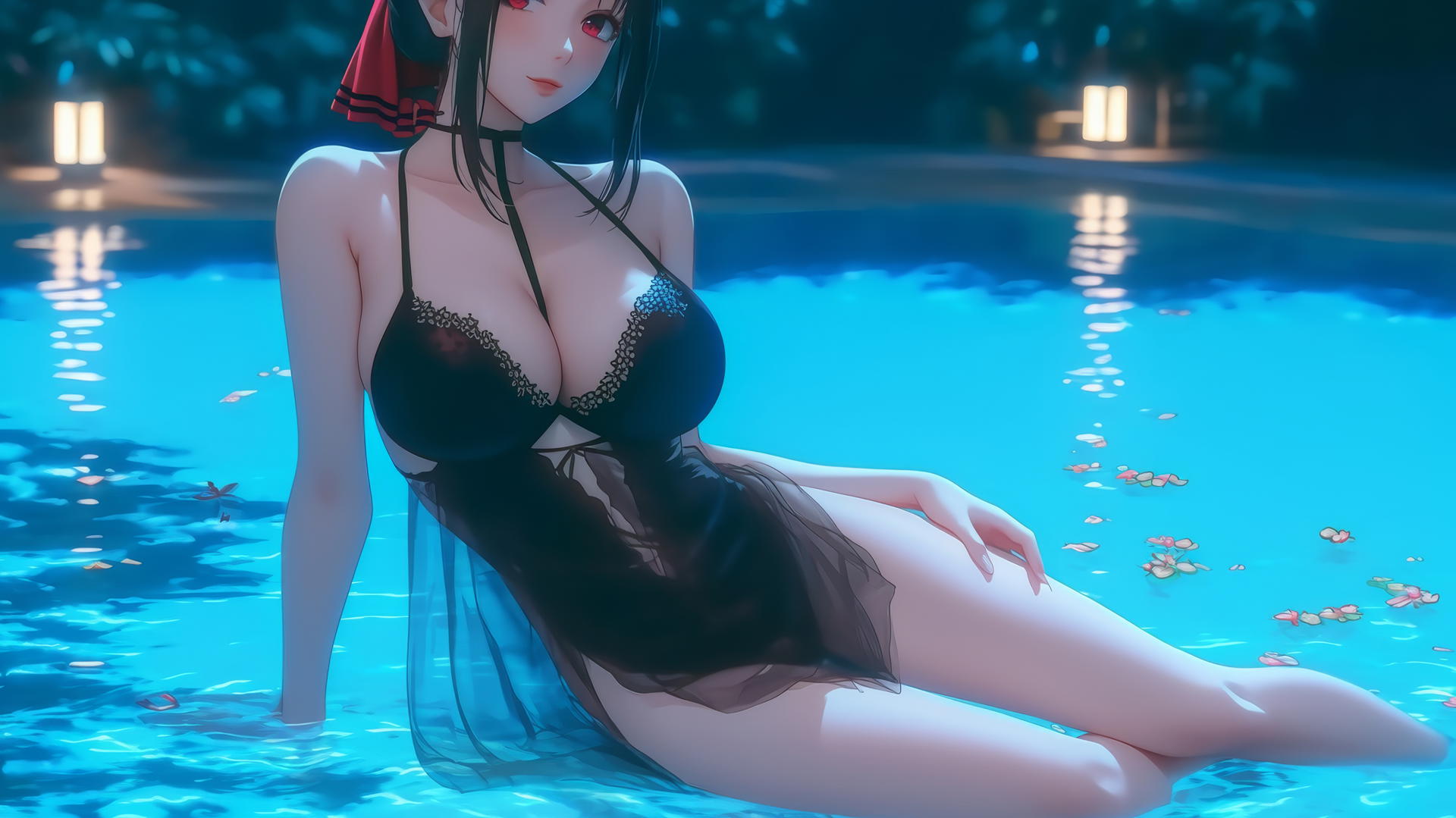 Kaguya Shinomiya with red eyes and dressed in red, resting by a pool under moonlight.