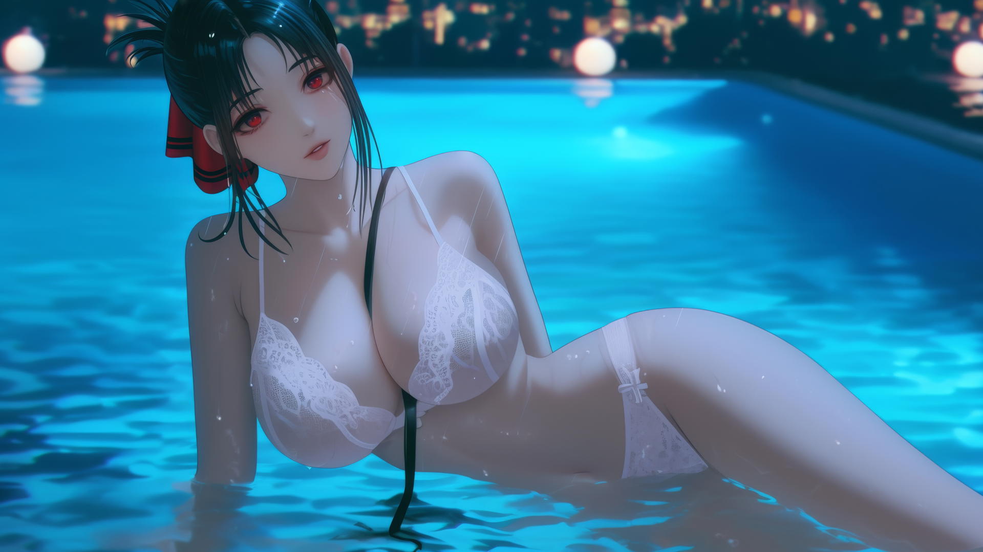 Kaguya Shinomiya with red eyes, in white, resting by a rainy pool under moonlight.