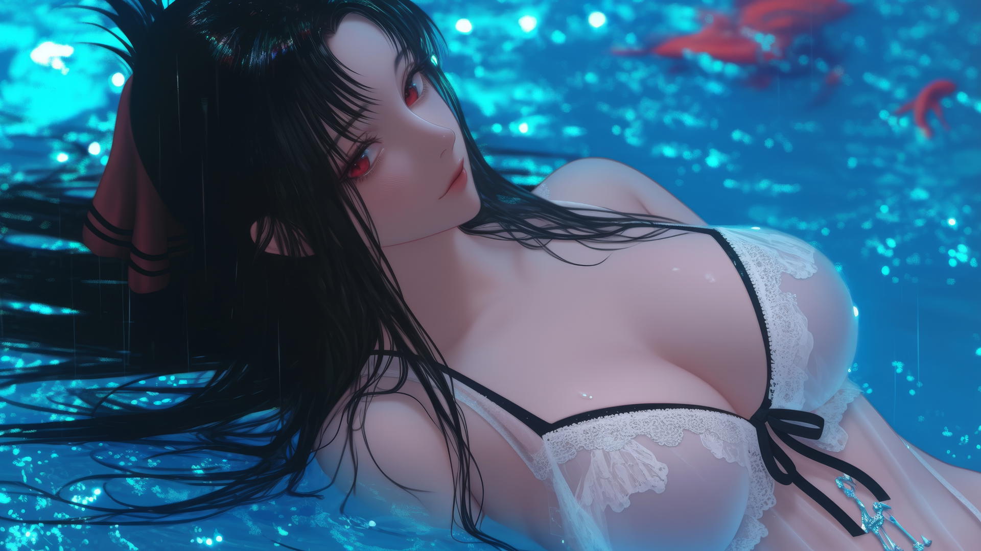 Kaguya Shinomiya with red eyes, wearing white, resting by a rainy pool under moonlight.