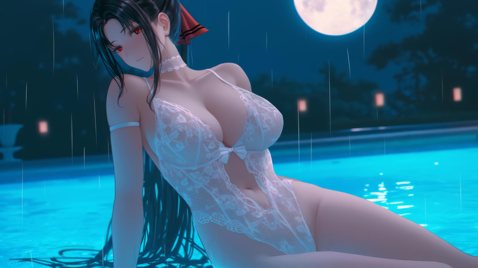 Kaguya Shinomiya, red eyes, wearing white, resting by a rainy pool, moonlit.