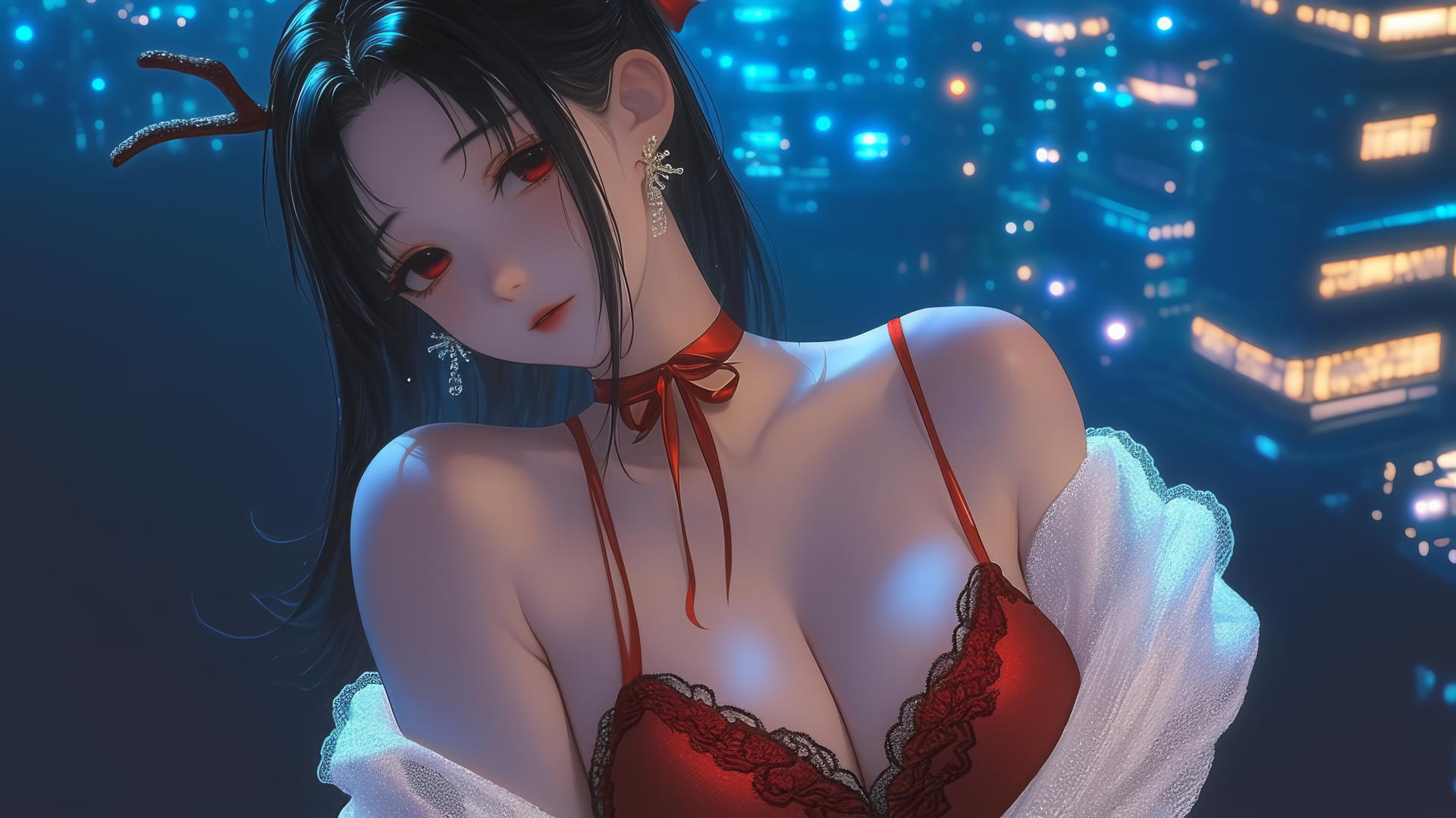 Kaguya Shinomiya with red eyes, in a Christmas outfit, under neon lights in a modern hotel.