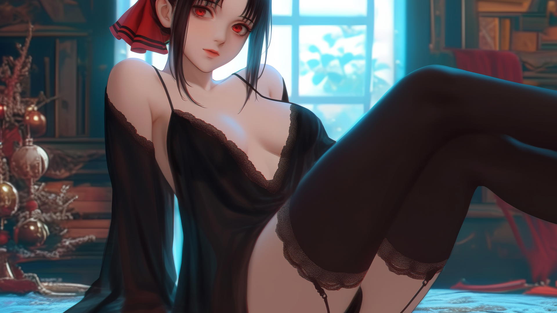 Kaguya Shinomiya in Christmas attire, red eyes, neon ceiling lights glow