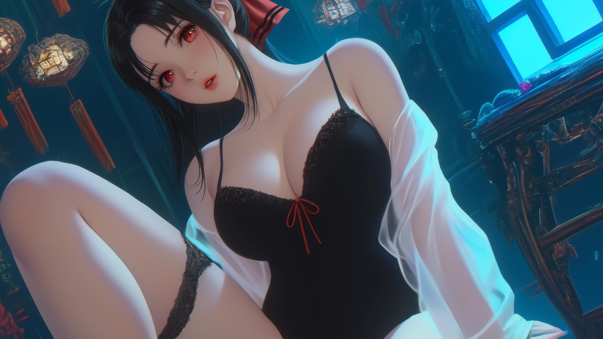 Kaguya Shinomiya from Kaguya-sama wa Kokurasetai kneeling, red eyes, neon light.