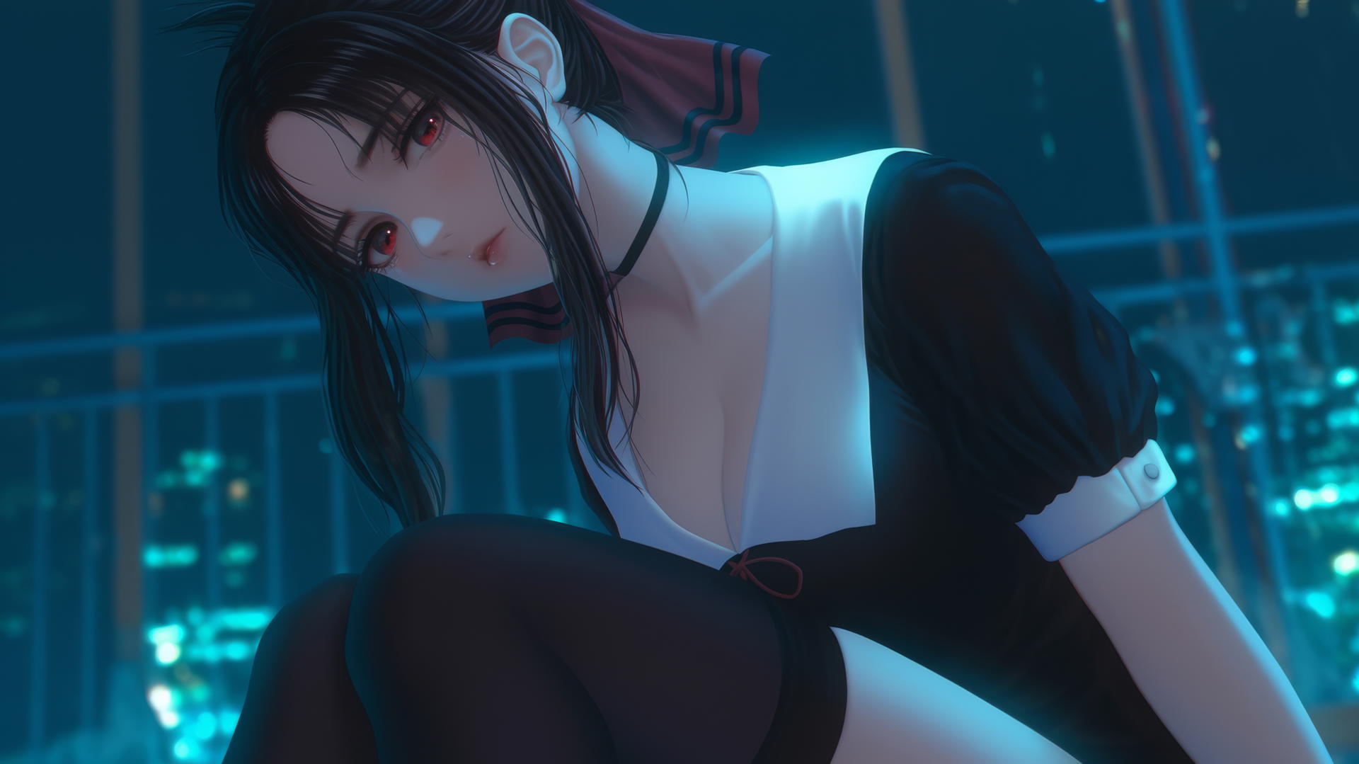 Kaguya Shinomiya kneeling, looking down with red eyes, neon-lit from ceiling.
