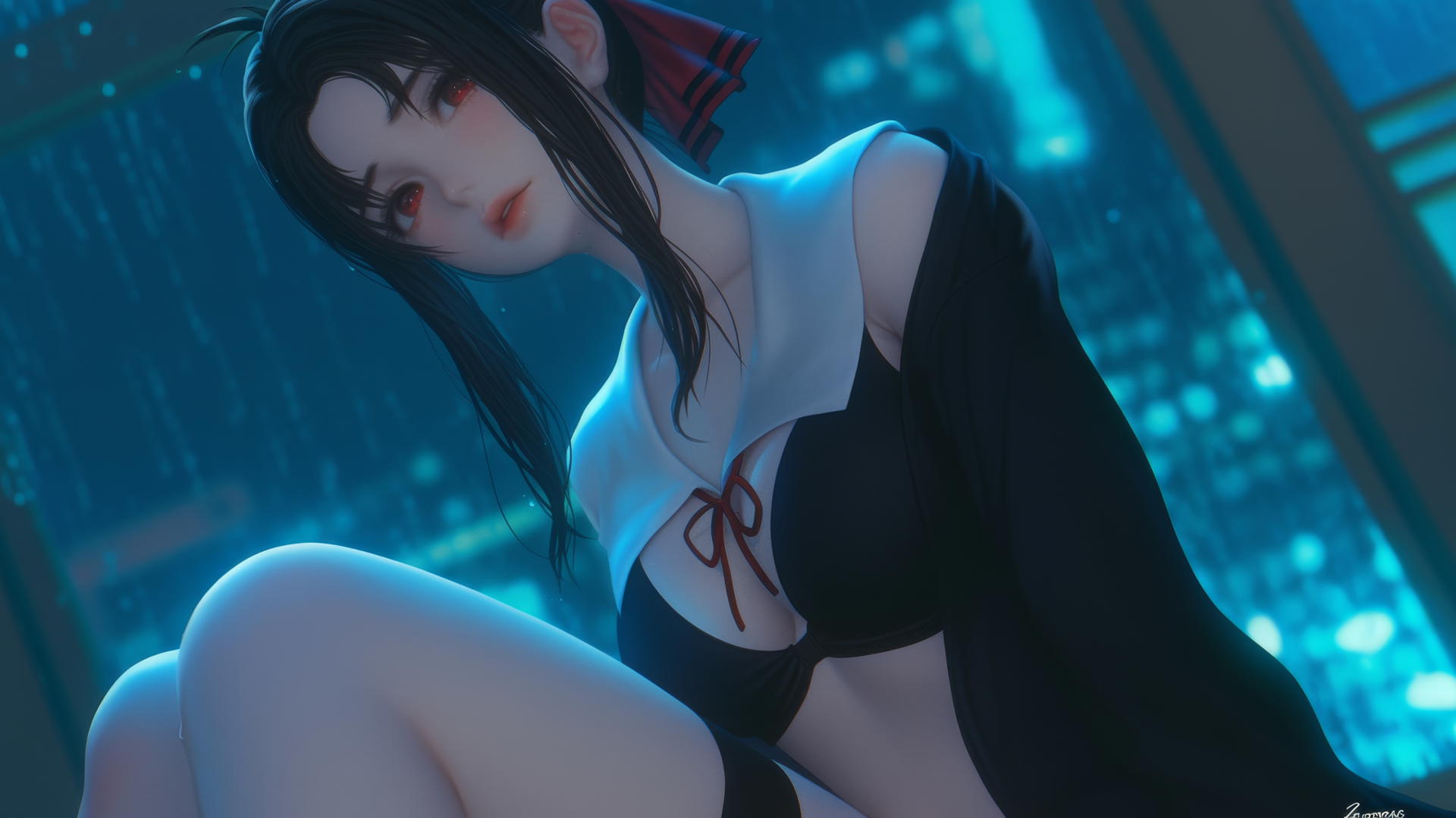 Kaguya Shinomiya kneeling, looking down, with neon light from ceiling