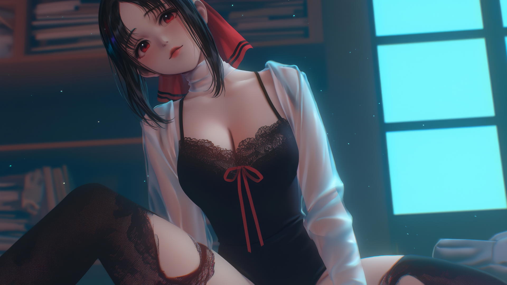 Kaguya Shinomiya kneeling and looking down with red eyes, neon light glow