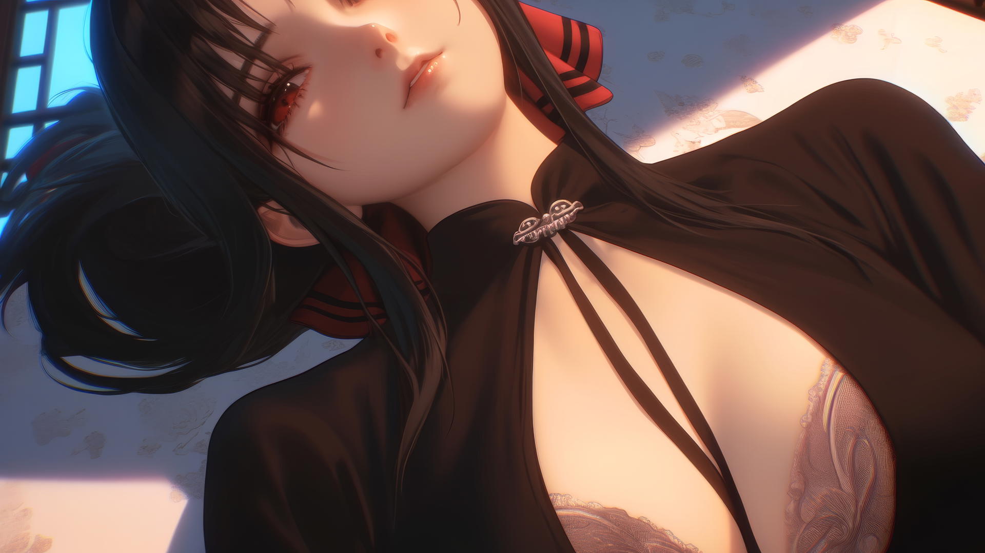Kaguya Shinomiya kneeling, neon-lit, red eyes gazing down