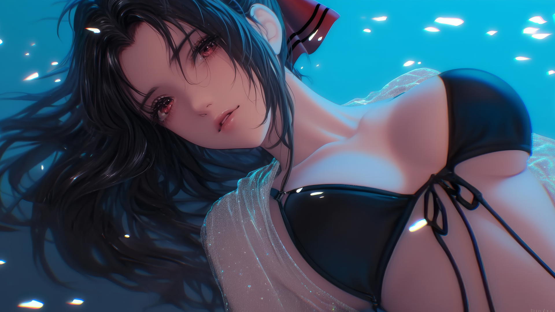 Kaguya Shinomiya kneeling, red eyes, neon ceiling lights, seen from below