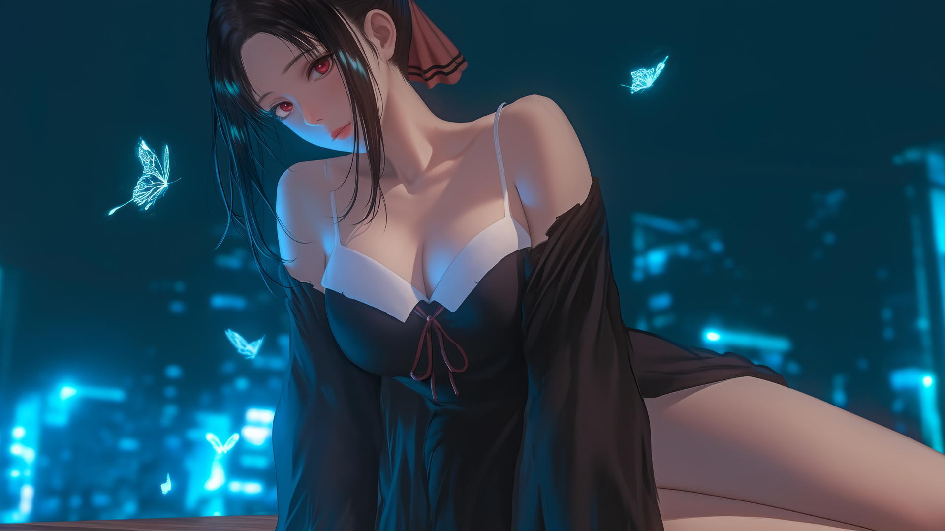 Kaguya Shinomiya kneeling, red eyes, broken sweater, neon light glow
