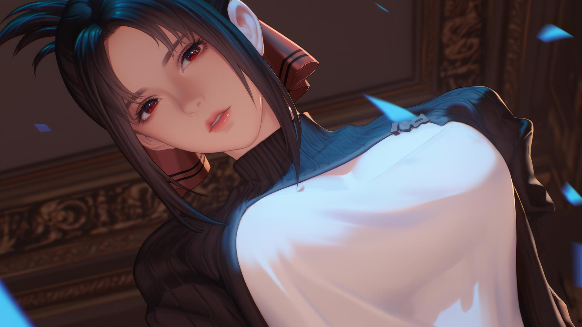 Kaguya Shinomiya kneeling, red eyes, broken sweater, neon ceiling lights glow