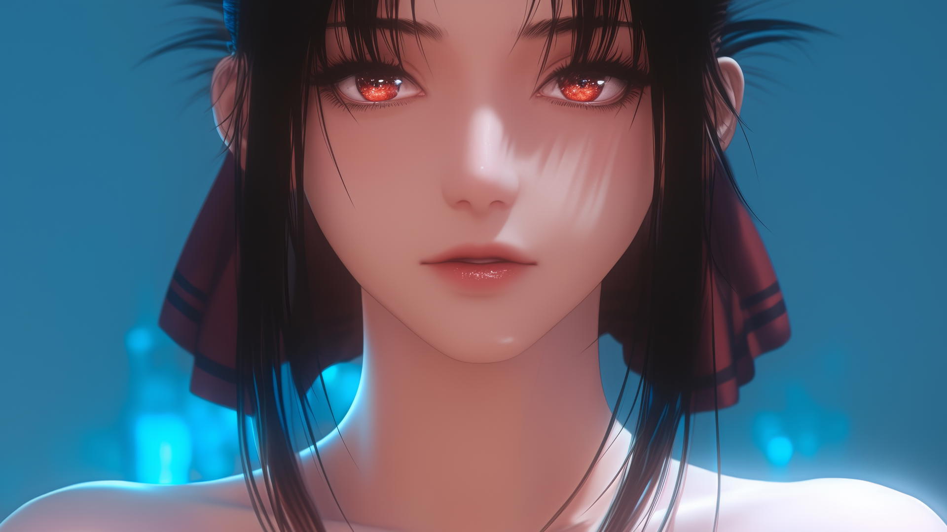 Kaguya Shinomiya kneeling, red eyes, broken sweater, neon light glow