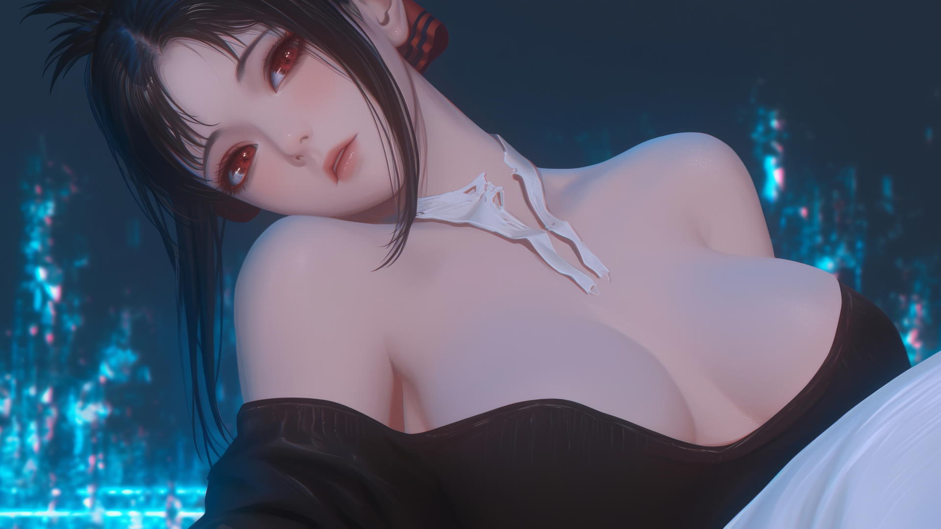 Kaguya Shinomiya with red eyes wearing a broken sweater, kneeling, under neon light