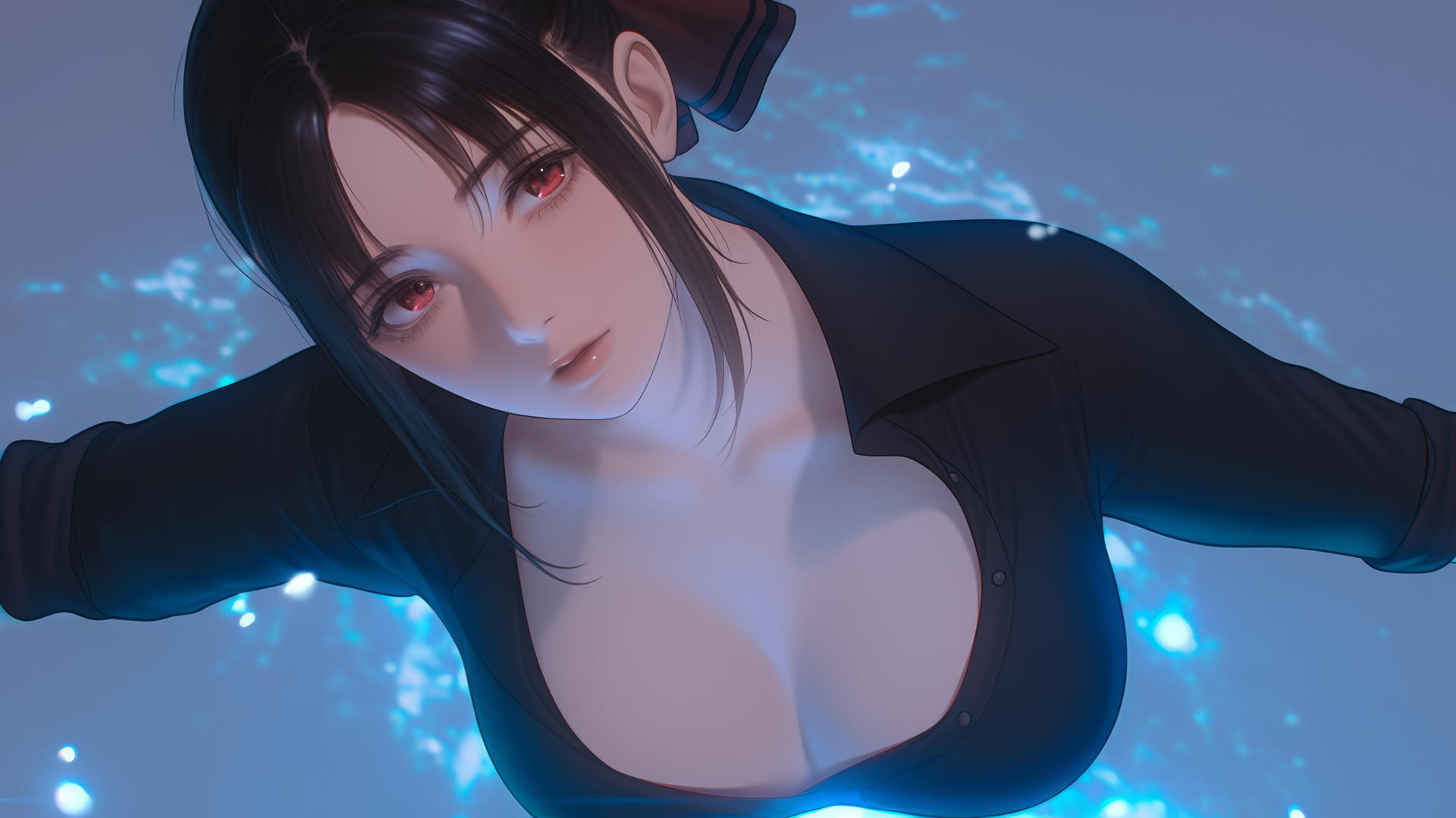 Kaguya Shinomiya from Kaguya-sama wa Kokurasetai, with red eyes, in a worn-out office shirt, kneeling under soft neon light.