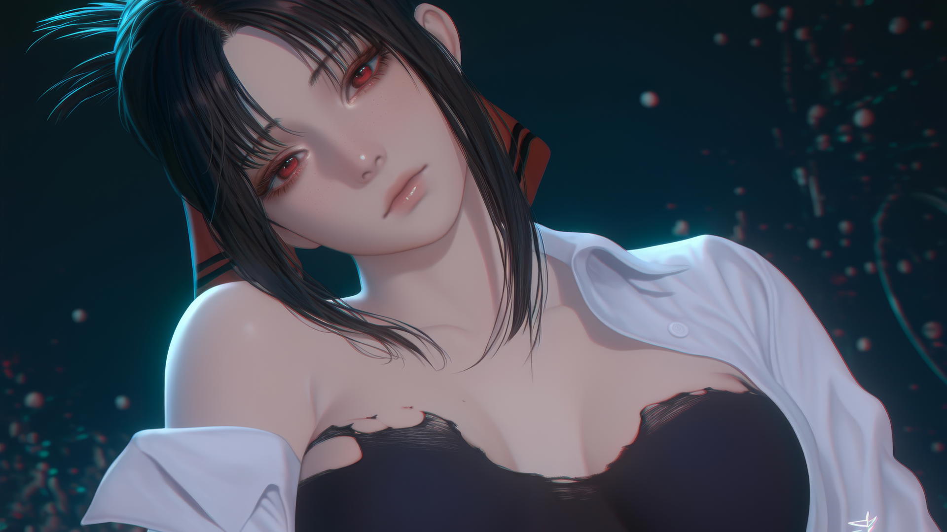 Kaguya Shinomiya kneeling with red eyes and worn-out office shirt under neon Christmas lights