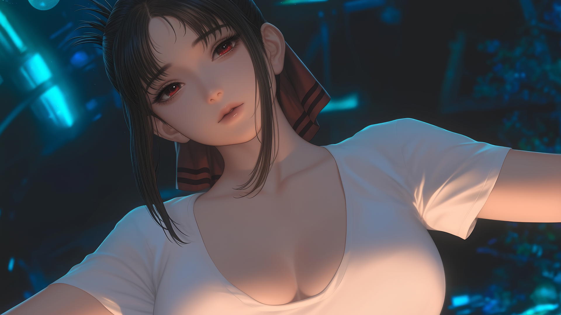 Kaguya Shinomiya kneeling, looking down, in warm light with neon glow
