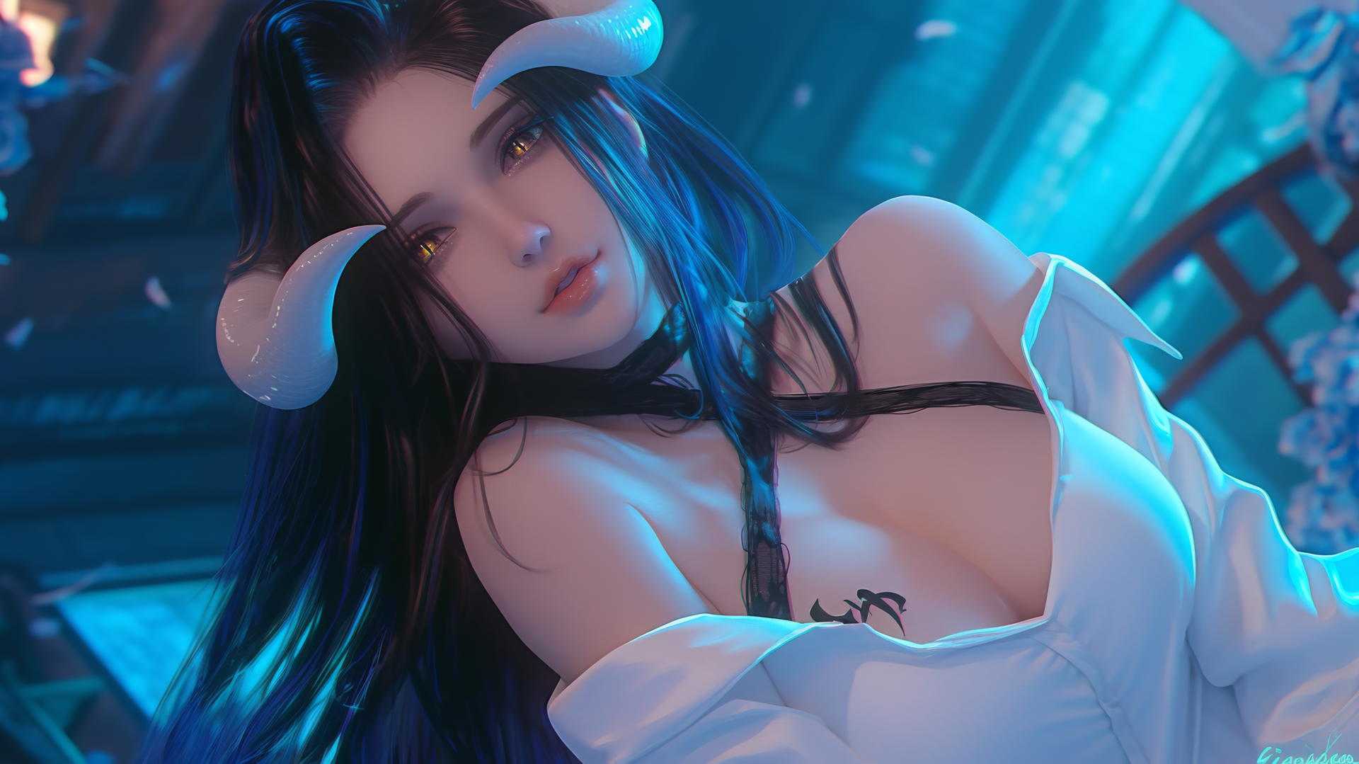 Albedo from Overlord kneeling, looking down, illuminated by neon ceiling lights, golden irises, vertical pupils, horns on temples.