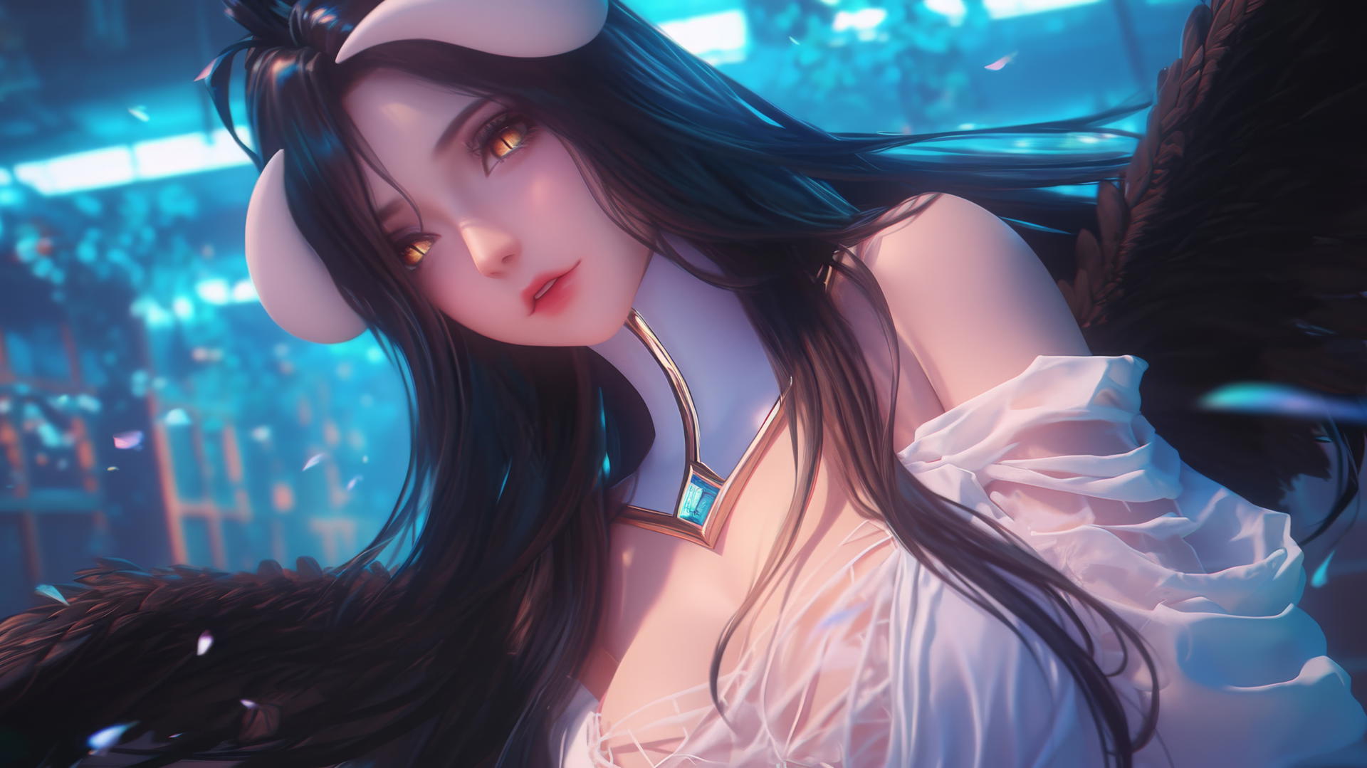 Albedo from Overlord kneeling, viewed from below, with glowing neon light.