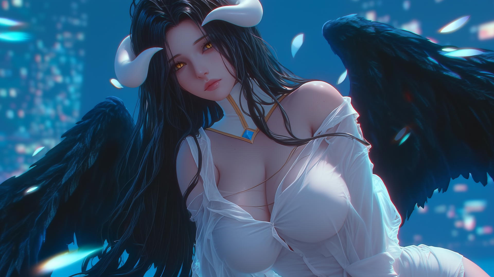 Albedo from Overlord kneeling and gazing down with golden irises and crooked horns, under neon ceiling lights.
