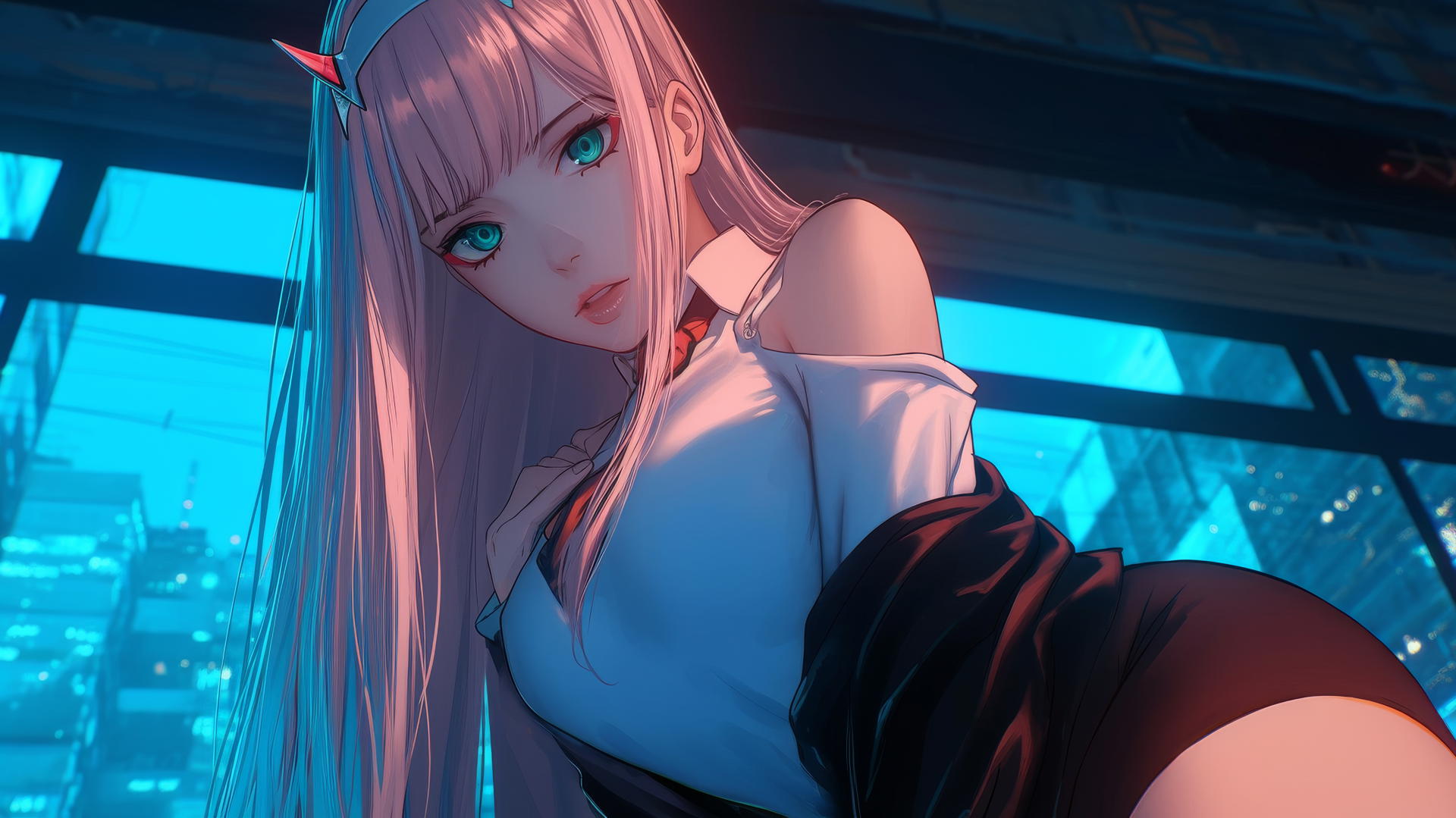 Zero Two from DARLING in the FRANXX seen from below with long pink hair and hotel ceiling background, leaning and looking down.