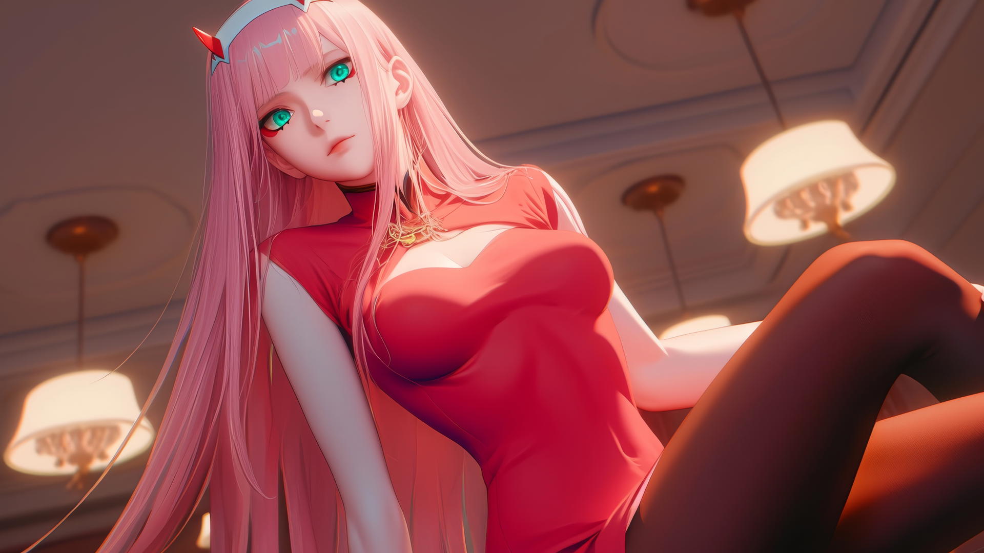 Zero Two from DARLING in the FRANXX with pink hair kneeling, warm and neon lights