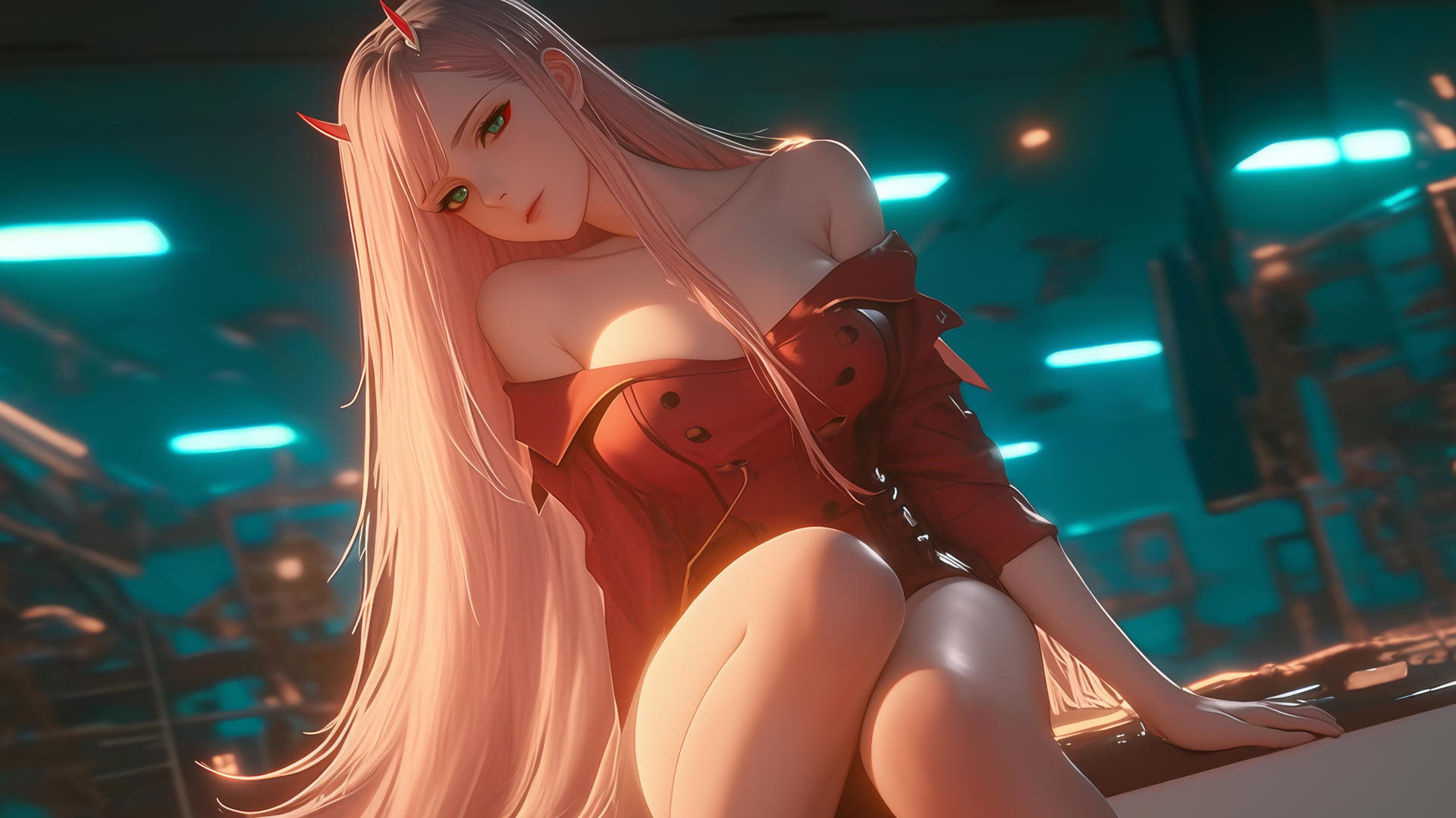 Zero Two from DARLING in the FRANXX with long pink hair, hotel ceiling background, kneeling, looking down.